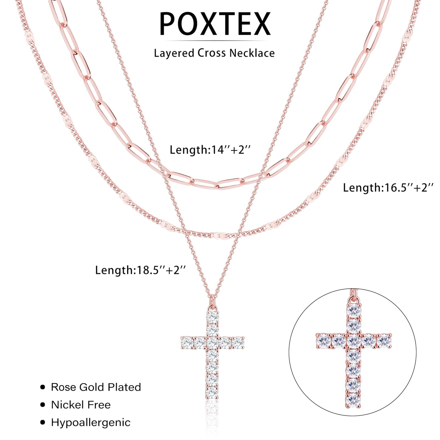 Rose Gold Cross Layered Necklaces for Women,Rose Gold Plated Dainty Stackable Choker Necklaces for Women,Trendy Layering Diamond Cross Pendant Paperclip Thin Chain Jewelry Set Gifts