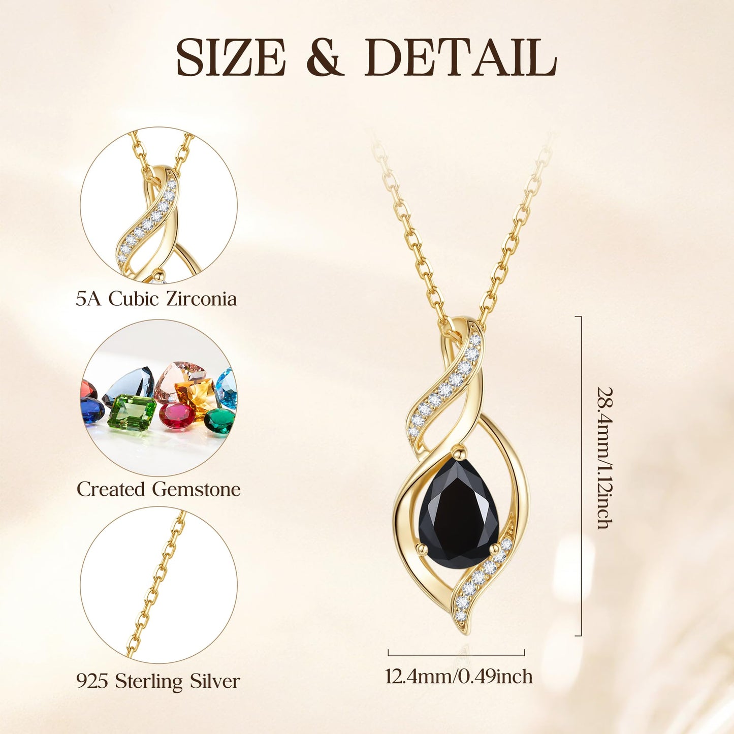 FANCIME 14K Gold Plated October Birthstone Necklace for Women Black Tourmaline Teardrop Necklace Sterling Silver Infinity Love Birthday Gifts for Women, 16"+2" Inches