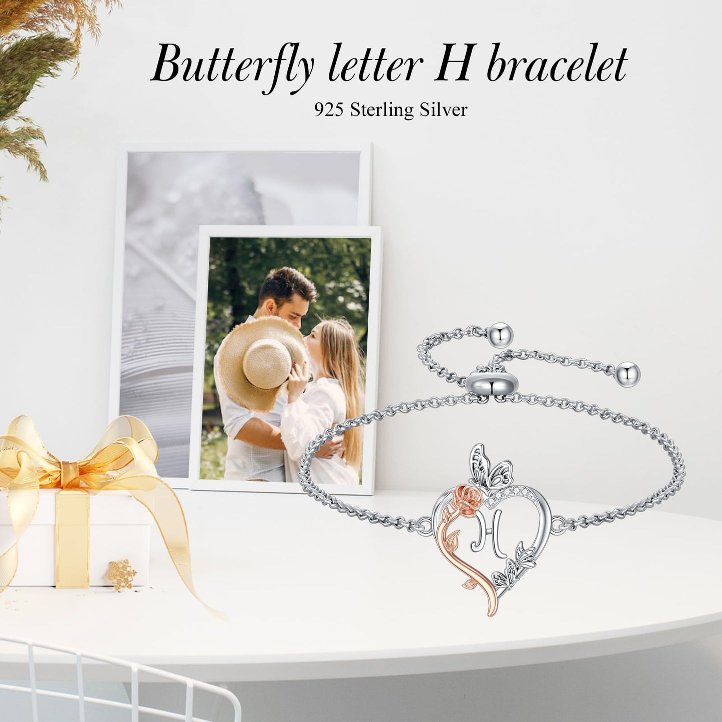 TOUPOP Rose Heart Bracelet for Women Sterling Silver Heart Initial H Letter Bracelet Butterfly Love Jewelry Anniversary Birthday Mothers Day Gifts for Mom Wife Her Girlfriend