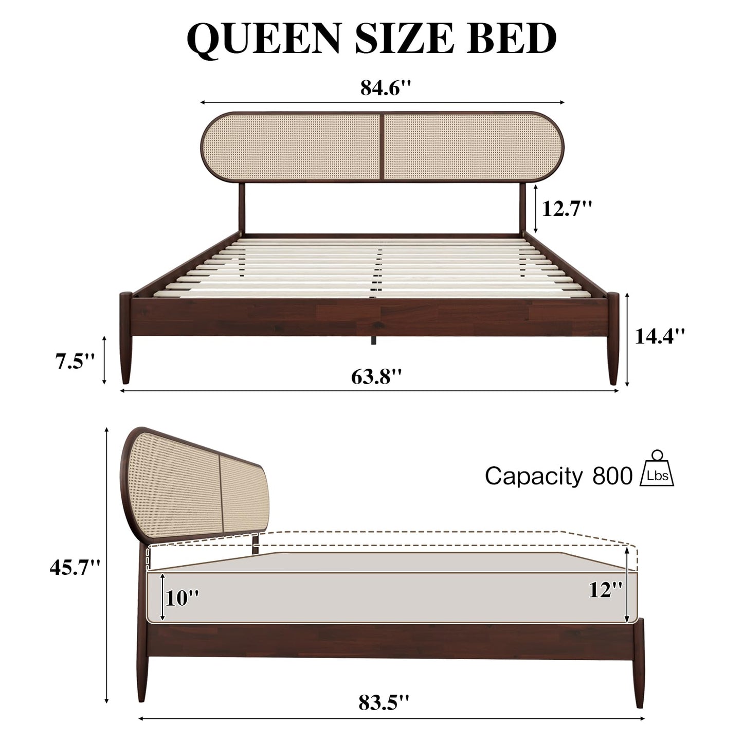 CBHME Queen Bed Frame with Rattan Headboard, Solid Wood Foundation with 12-Slat Wood Support, Bohemian and Mid Century Style, No Box Spring Needed, Dark Walnut