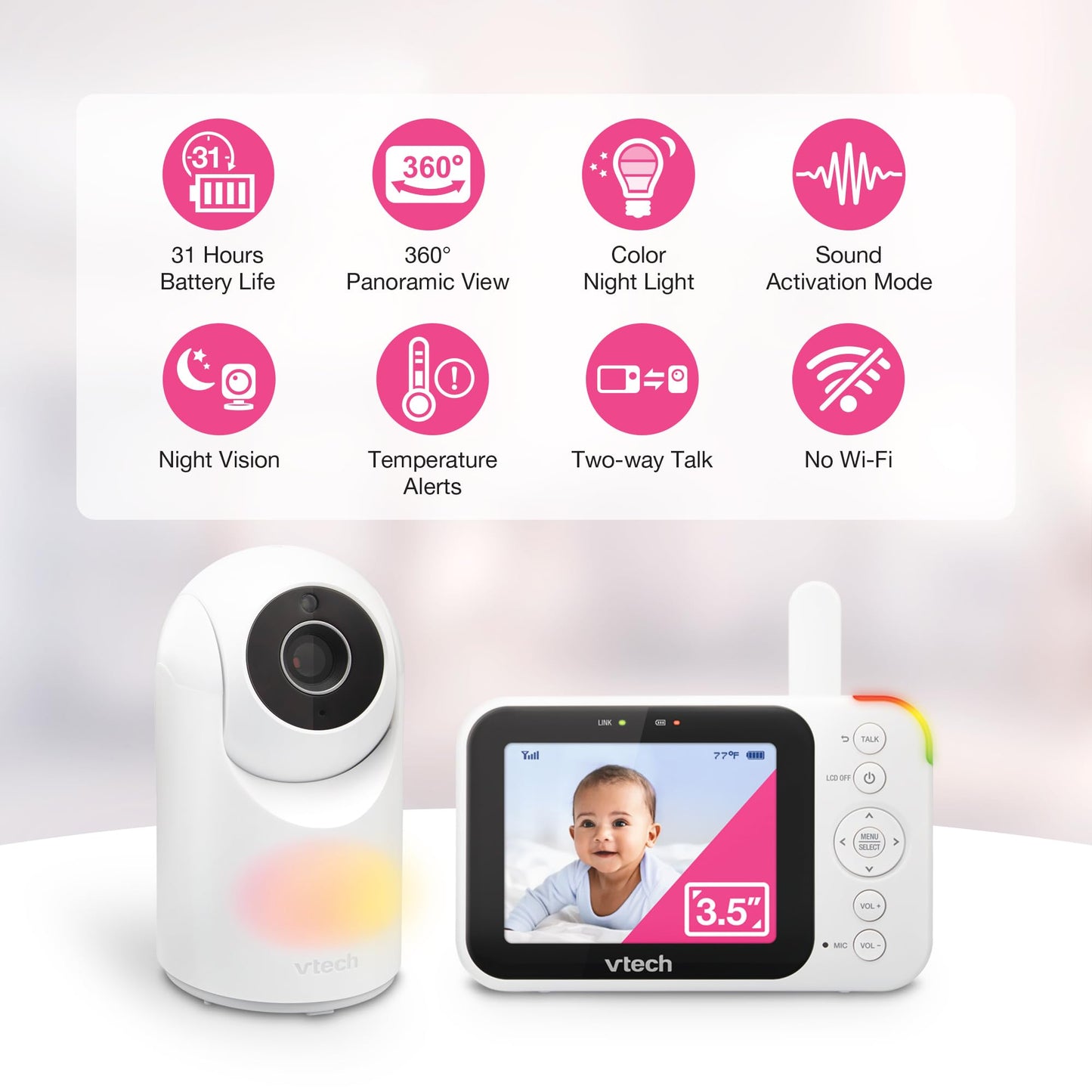 VTech Video Baby Monitor with Camera and Audio, 3.5" LCD Screen, Pan-Tilt-Zoom, 2-Way Talk, VOX Mode, Night Light, Lullabies, Soothing Sounds, Temperature Sensor, Long Range, No WiFi: VM4263 (White)