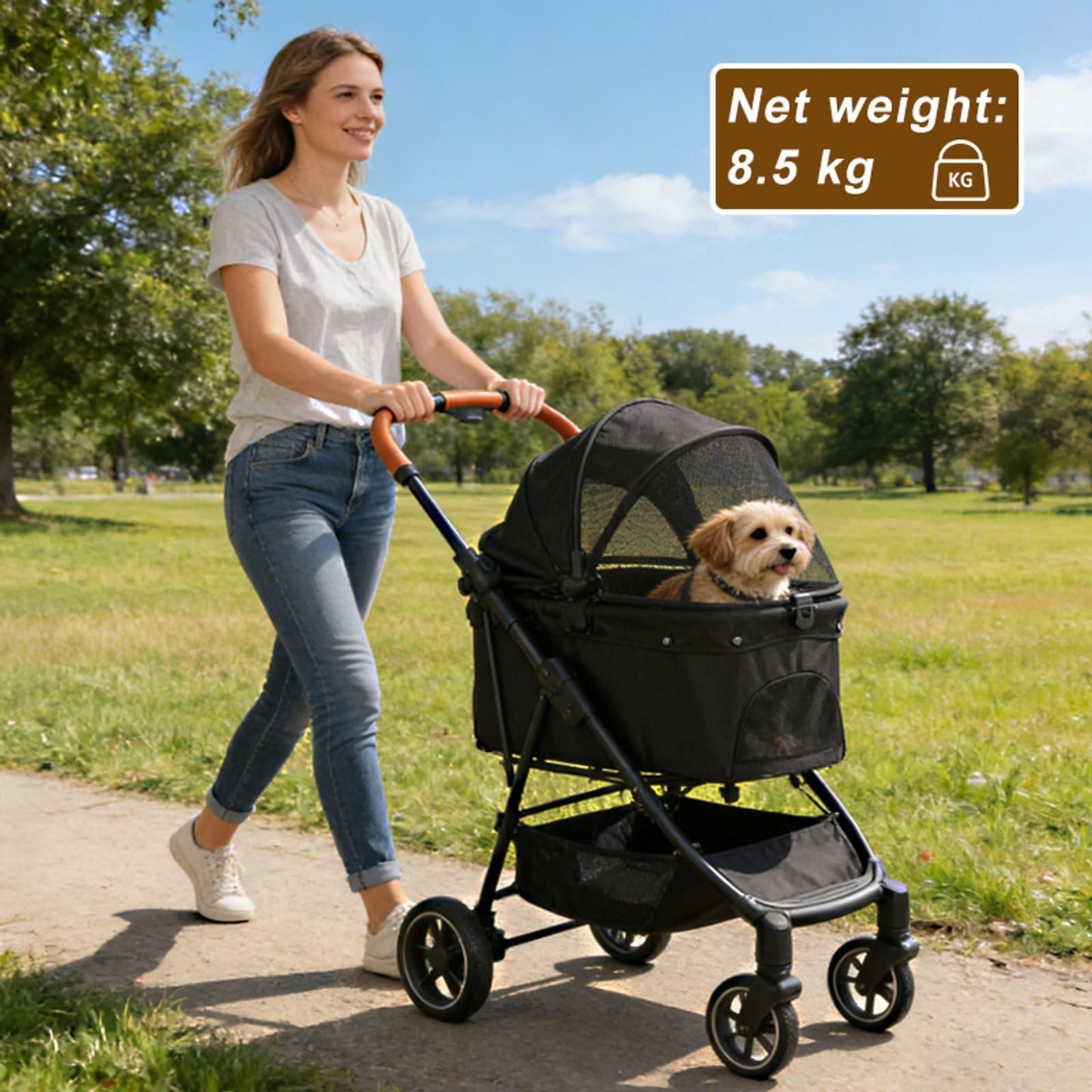 VRHOT Pet Stroller for Small Dogs and Cats, Detachable Dog Cat Stroller with All-Terrain Shock Absorbing Wheels, One-Click Foldable Design, Adjustable Canopy (Black)