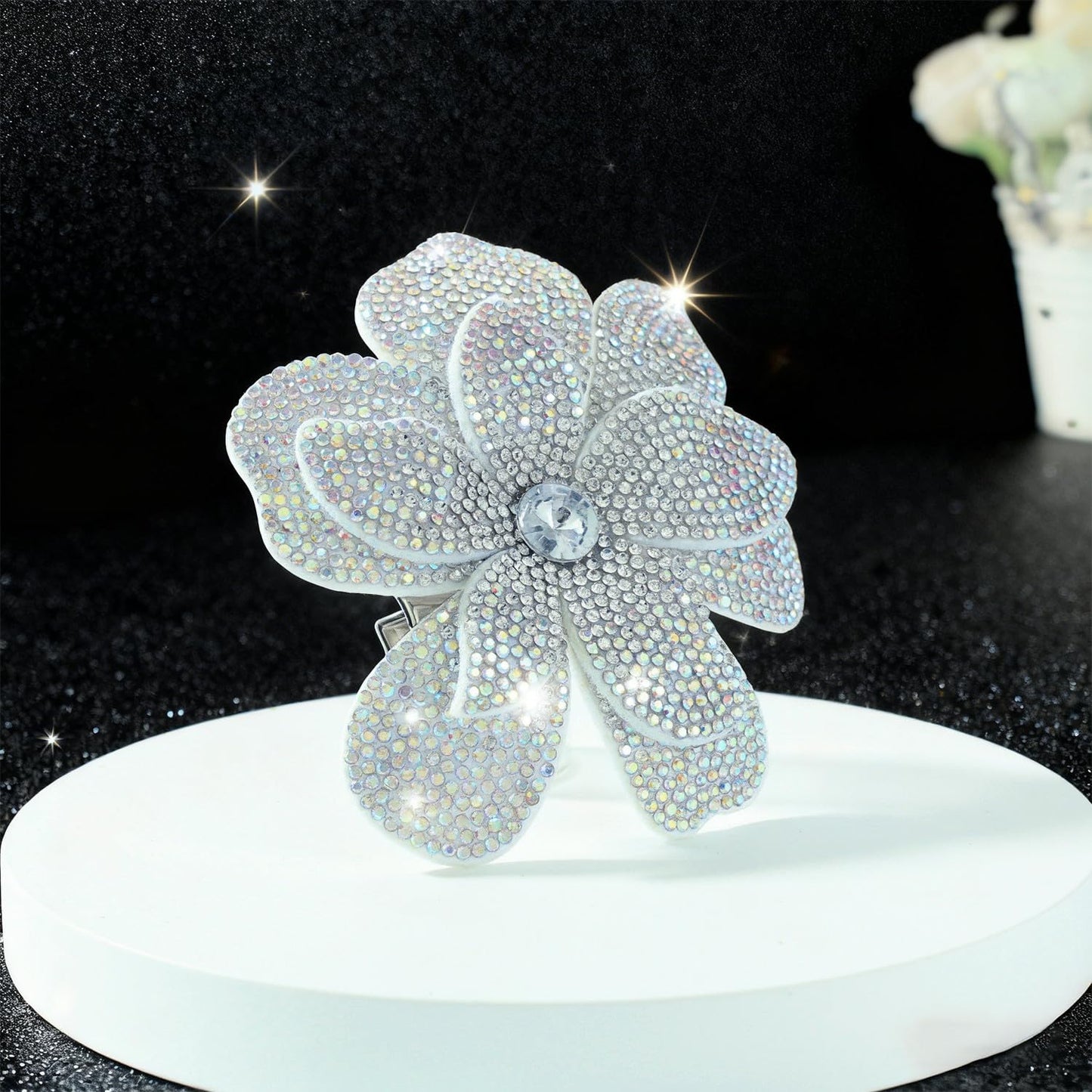Merdia 3.74 Inches Rhinestone Camellia Flower Brooch Pins & Hair Clips for Women Elegant Created Crystal Lapel Pin Brooches Wedding Party White