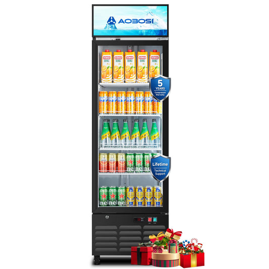AAOBOSI Commercial Merchandiser Refrigerator,12.29 Cu.Ft Glass Door Display Refrigerator,Upright Beverage Fridge with Soft LED Light,Customizable Lightbox,Universal Casters, Adjustable Shelves