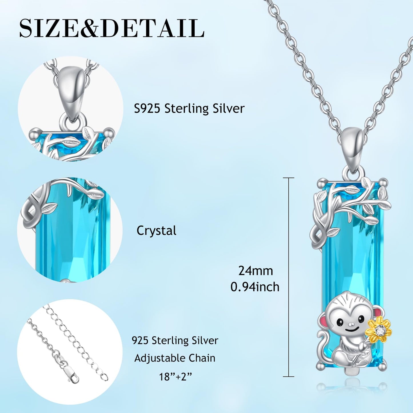 AENEAS Prime 2025 Monkey Necklace Pendant Women 925 Sterling Silver Cute Monkey Necklace Blue Crystal Jewelry Gifts for Women Wife Daughter