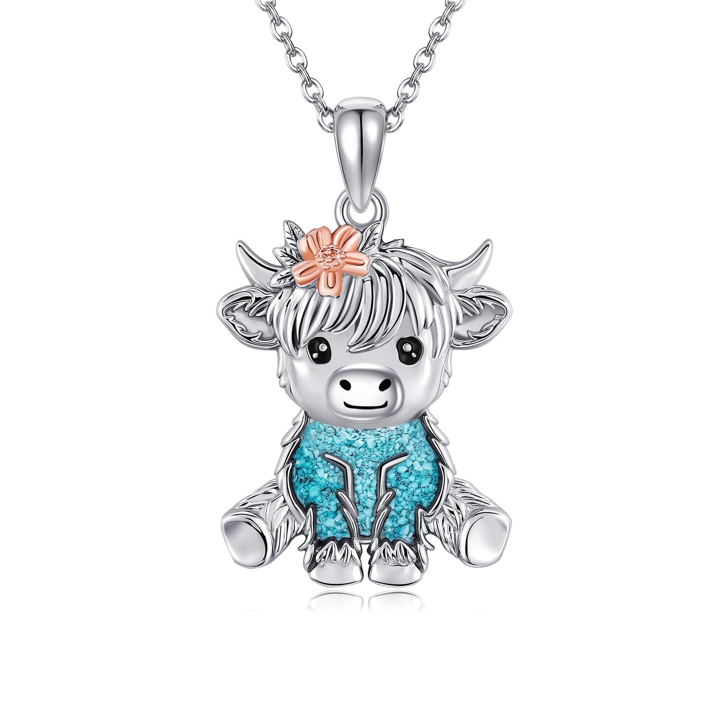 HKPATOP Highland Cow Necklace 925 Sterling Silver Turquoise Cow Necklace Cute Highland Cow Jewelry for Women