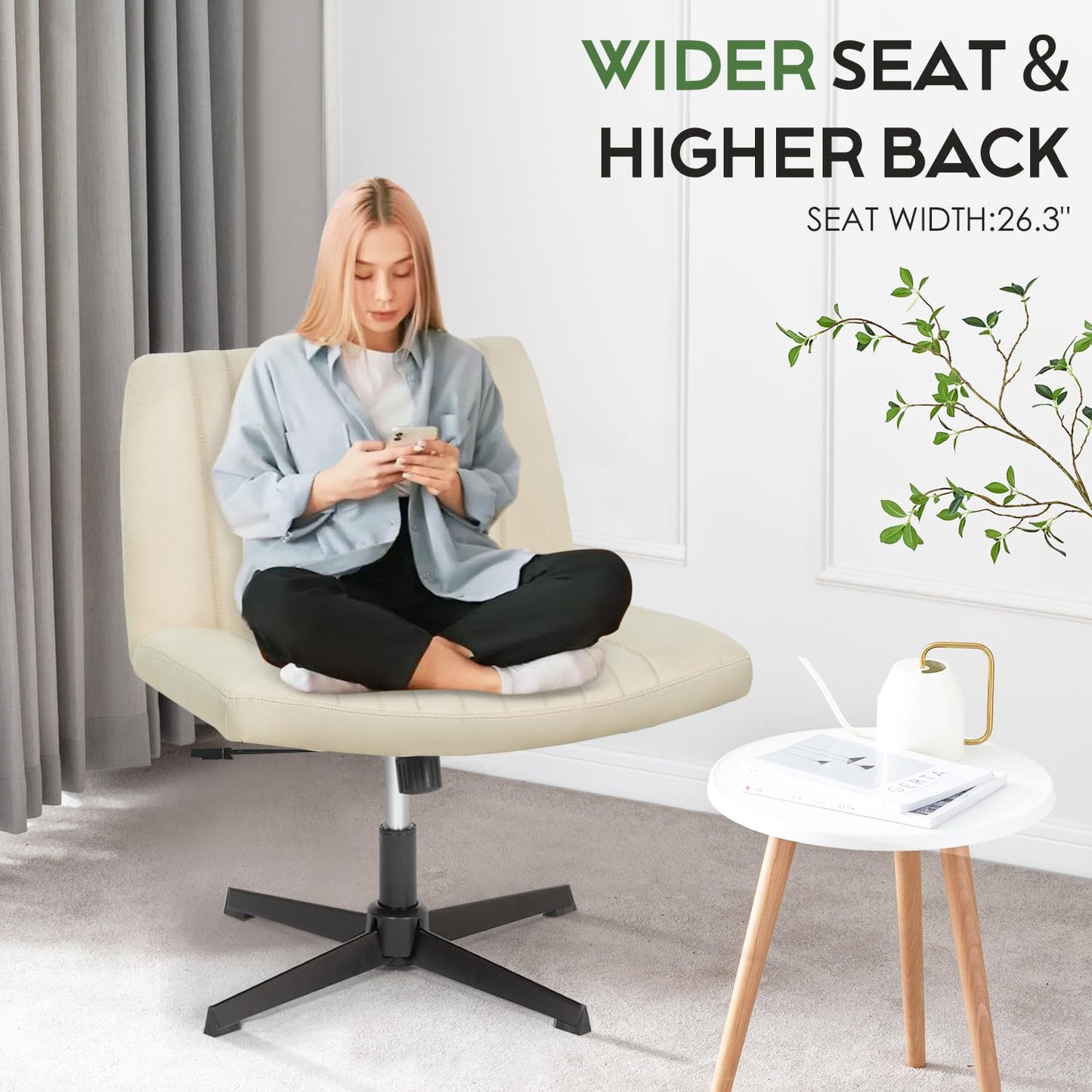 PayLessHere Criss Cross Chair,Armless Cross Legged Office Chair,Wide Comfty Desk Chair with No Wheels Modern Height Adjustable,Swivel Fabric Vanity Chair Computer Task Chair (Pack of 2, Beige)