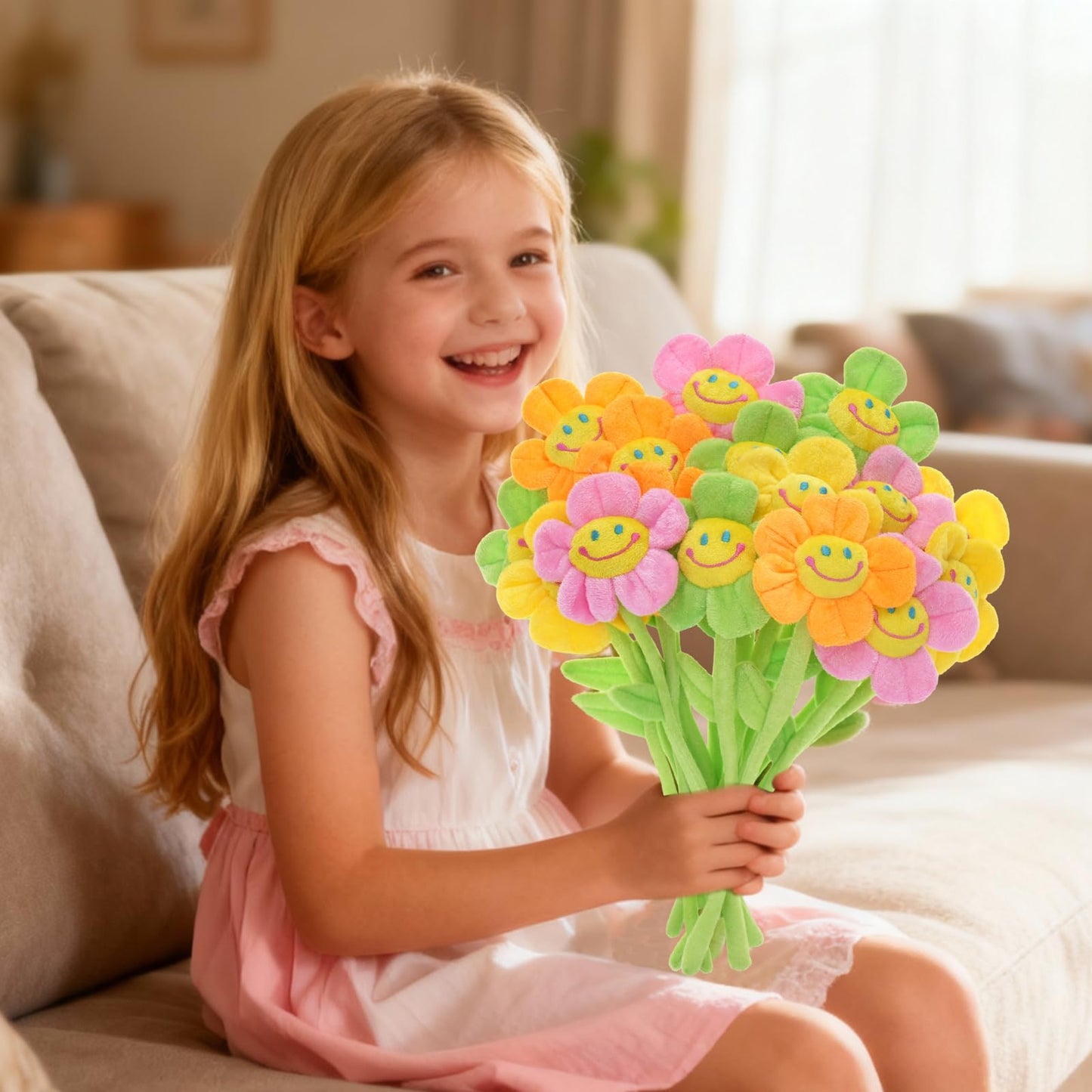 16 Pack Pastel Plush Flowers, Bendable Stems for Easy Curtain Tiebacks & DIY Bouquets, 12 Inch Stuffed Smiley Sunflowers, Soft Kawaii Artificial Room Decor for Teen Girls & Nursery Vibe