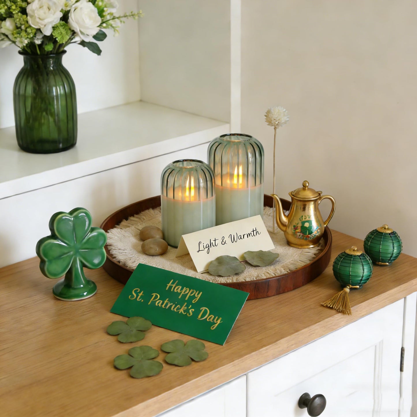 MUMCHASI Green Flameless Battery Operated Candles with Remote, Set of 5 Glass Jar LED Candles with Dancing Flame, Flickering Electric Candlelight for Home Wedding Party Decor H4”5”5”6" 6”"