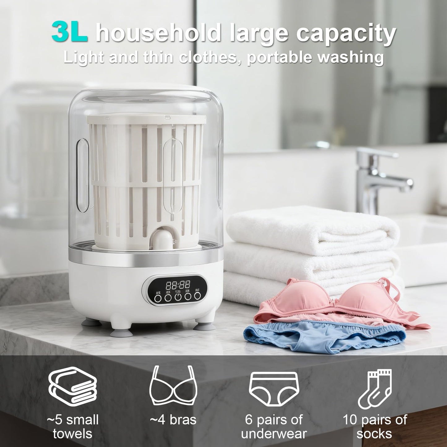 Portable Washing Machine, Underwear Washer, Small Washing Machines, Mini Washing Rechargeable Cordless Washing-Machine, Laundry Cup for Bra, Underwear, Socks，Large Capacity Endurance