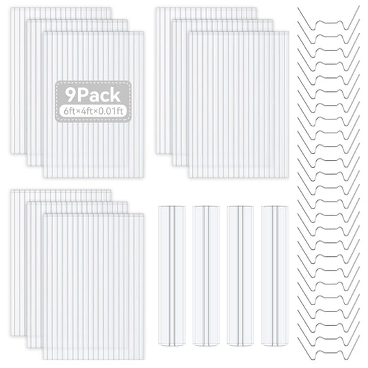 9 Pack Polycarbonate Greenhouse Panels, 6' x 4' x 0.16" Twin-Wall Polycarbonate Sheets Include 4 H Connectors and 25 W-Clips, Waterproof UV Protected Impact Resistance Clear Roofing Sheets for Garden
