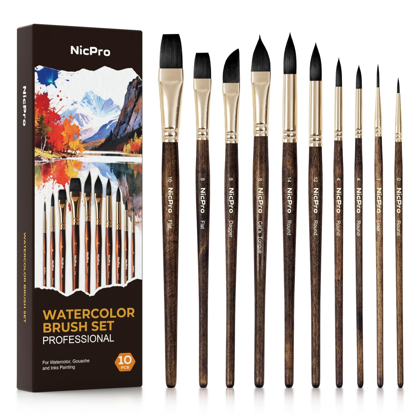 Nicpro Professional Watercolor Brushes Set, 10PCS Synthetic Squirrel Hair Paint Brushes – Pointed Round, Flat, Dagger, Cat's Tongue for Watercolor, Gouache, Ink Painting – for Artists & Beginners