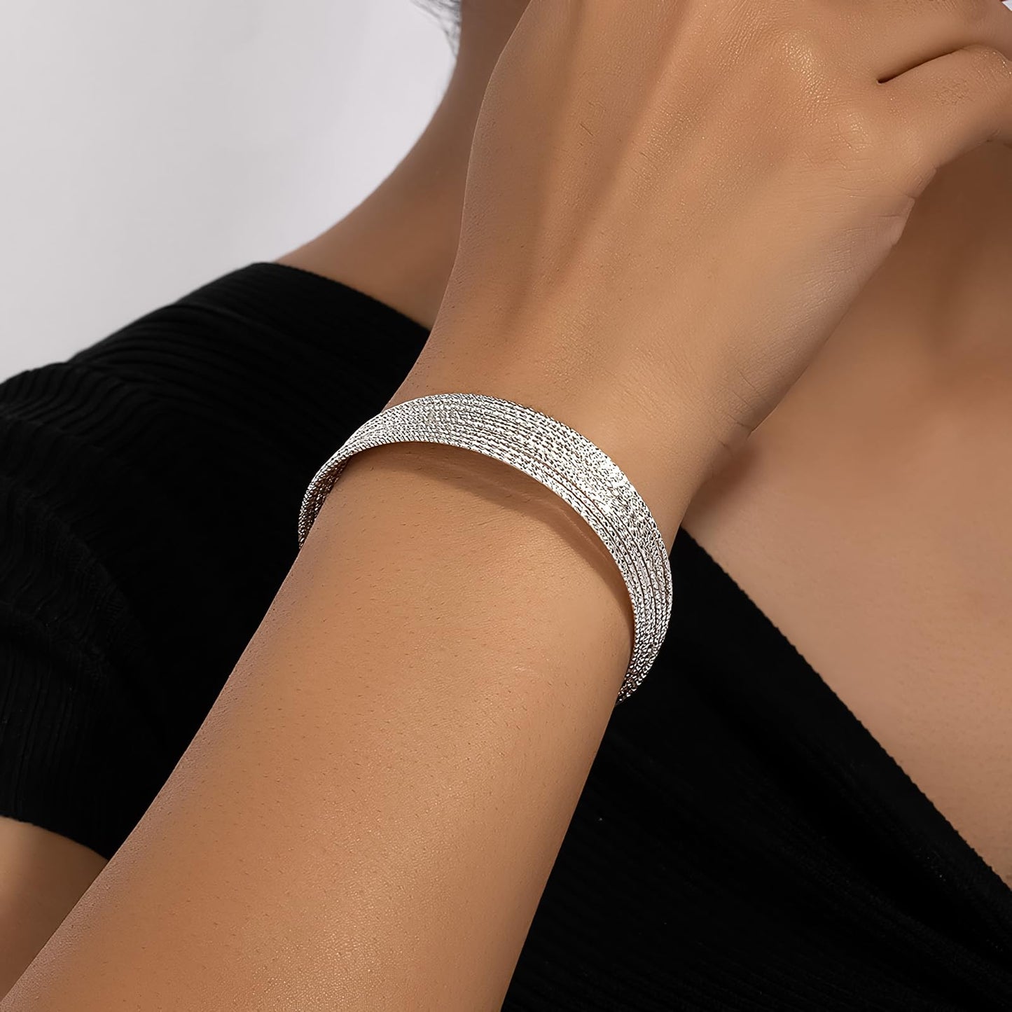 Shiny Wide Cuff Bracelets for Women 925 Sterling Silver Open Adjustable Bangles Handmade Multi-line Stack Bracelet Minimalist Silver Cuff Bracelet Teen Girls Fashion Women Jewelry gift for Lover wife