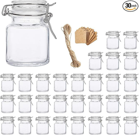 Flrolove Spice Jars 30 Pack 4oz Square Glass Jars with Leak Proof Rubber Gasket & Hinged Lid,Small Glass Containers with Airtight Lids for Home, Party Favors