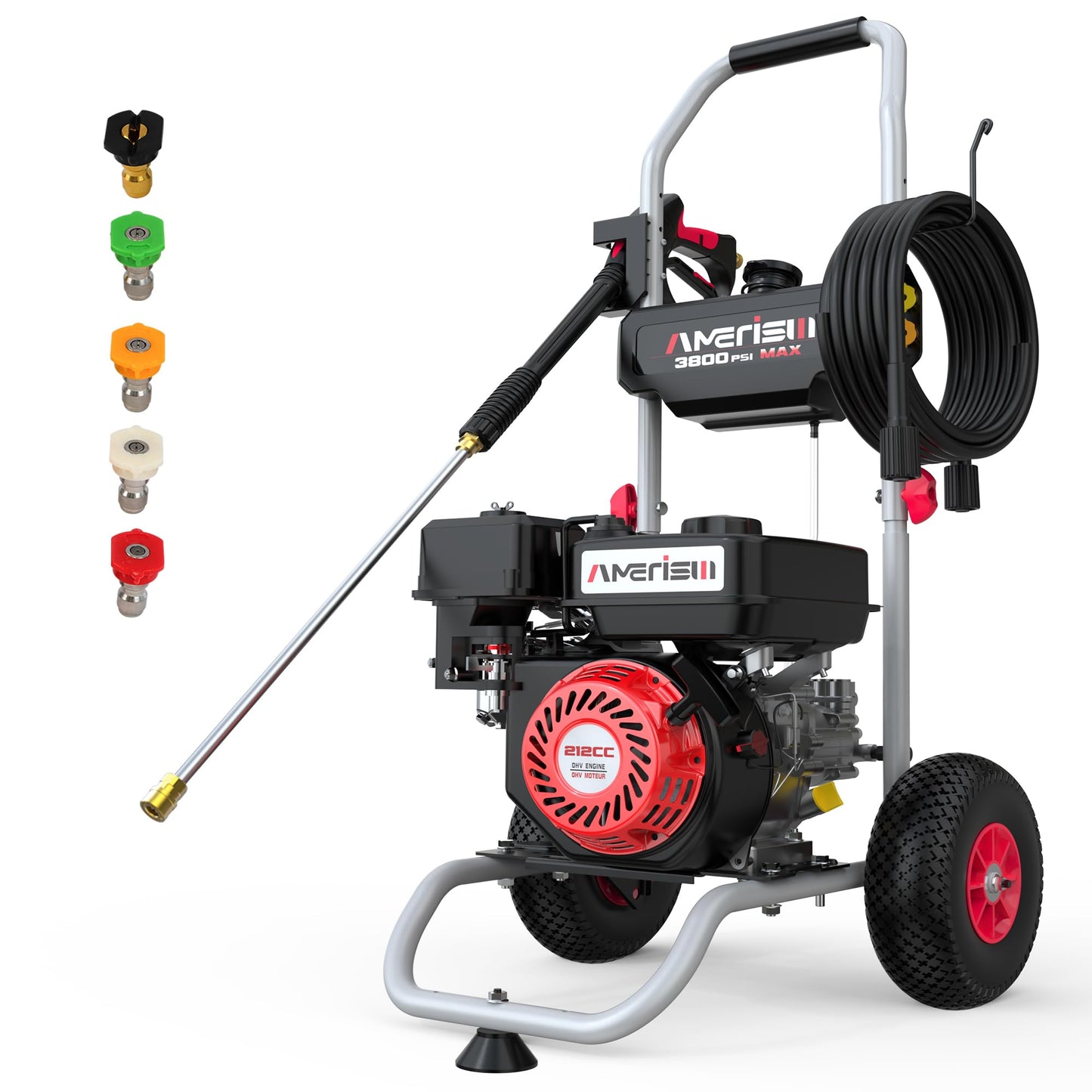 Gas Pressure Washer MAX 3800 PSI, MAX 2.5 GPM, 212CC, with Onboard Soap Tank, Metal Spray Wand, 5 Nozzles for Driveways, Cars, House Siding