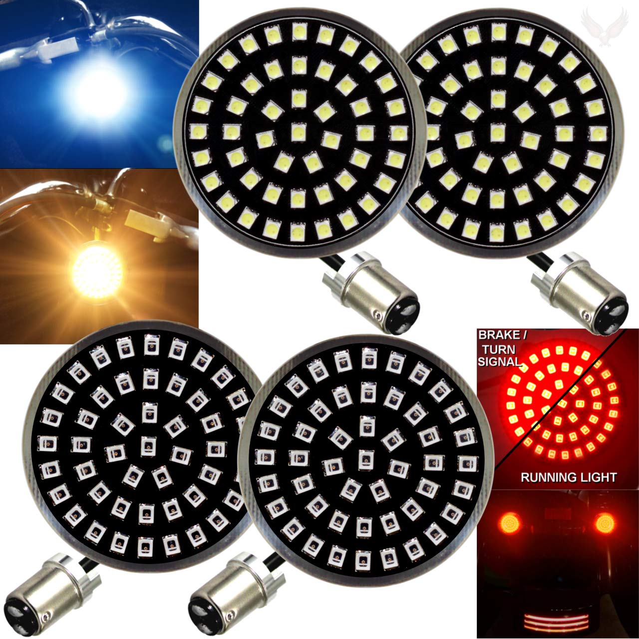 Eagle Lights Generation II Midnight Edition 2 Inch LED Turn Signals with White Running Lights (Front (1157) and Rear (1157) for Harley Davidson Motorcycles