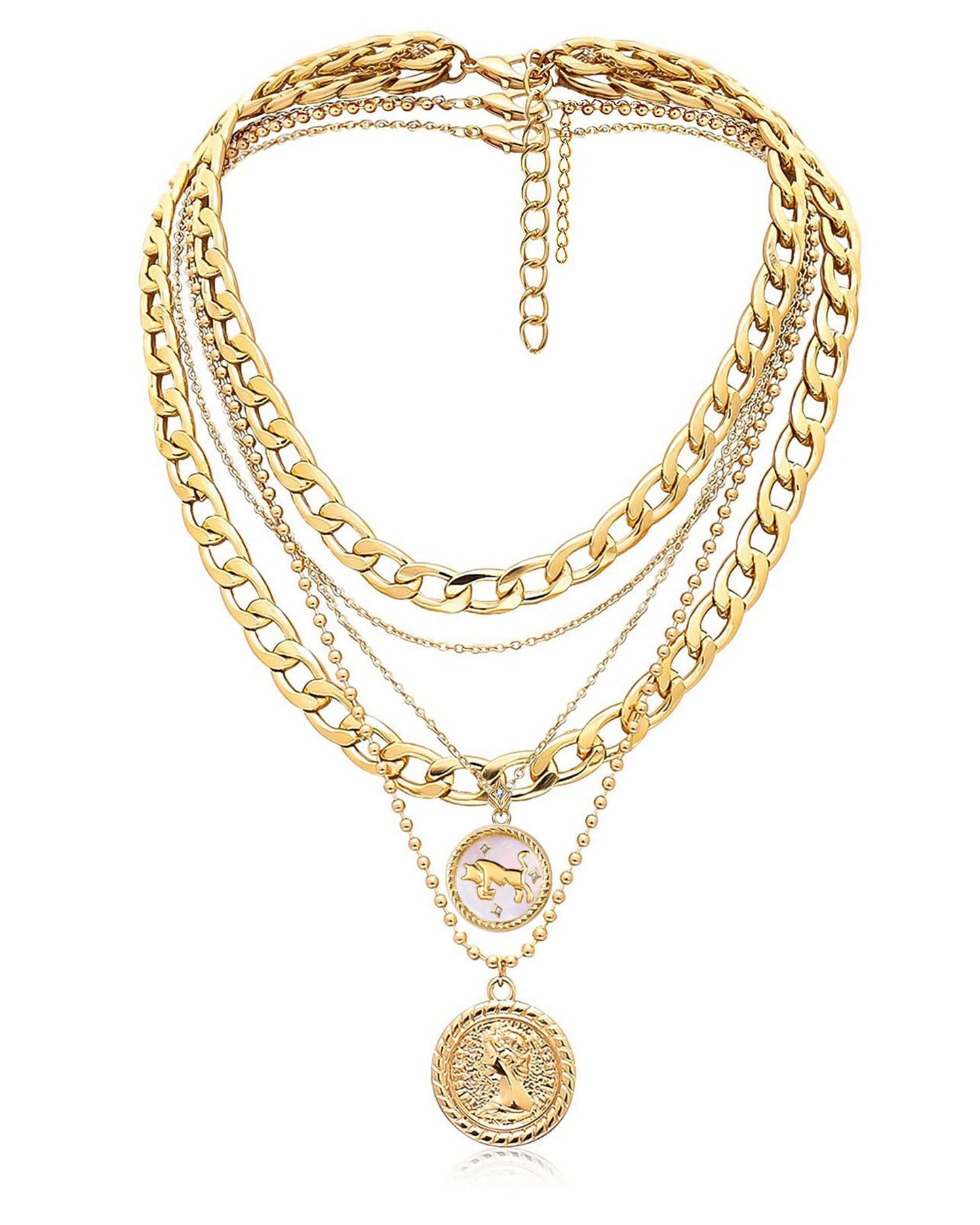 MJartoria Gold Layered Necklaces for Women Trendy Retro Coin Pendant Necklace Dainty Chunky Chain Choker Necklaces for Jewelry Birthday Gifts (Gold, Zodiac-Taurus-3PCS Layered)