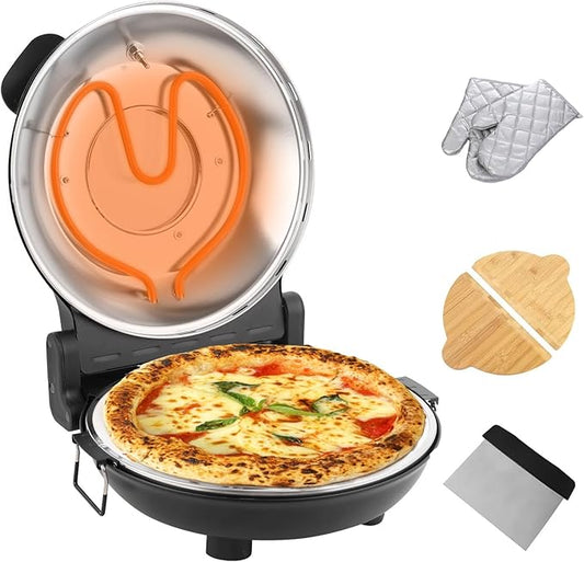 Stone Pizza Oven, 12'' Indoor Electric Pizza Maker, 1200W Countertop Pizza Maker Machine with Dual Temp Control, Crispy Crust Pizzas in Minutes, Black