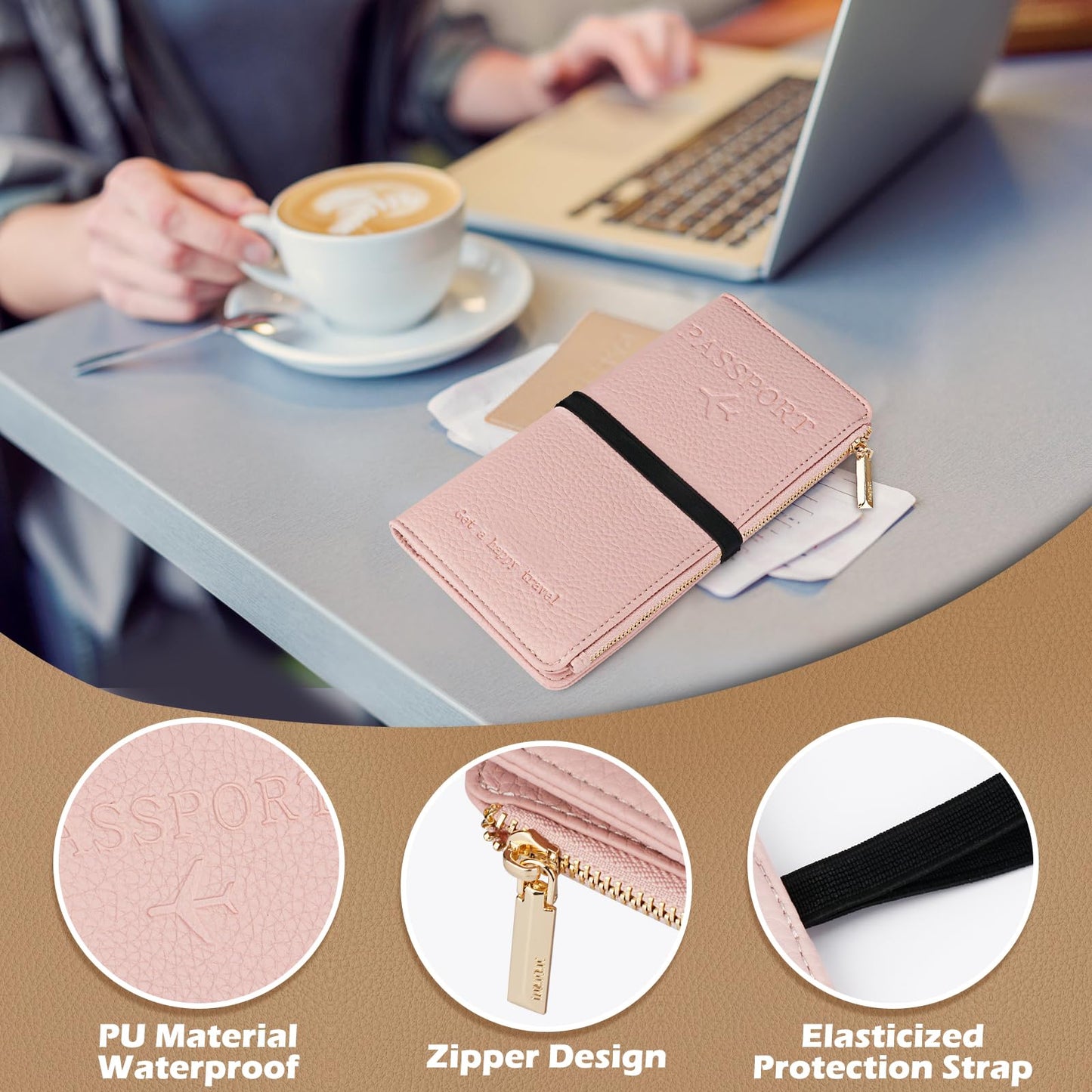 Dannir Travel Passport Wallet, RFID Blocking Passport Holder with Zipper, Passport Cover for Women Men, PU Leather Travel Document Organizer with Card Slots, Gift for Family Friends, Pink