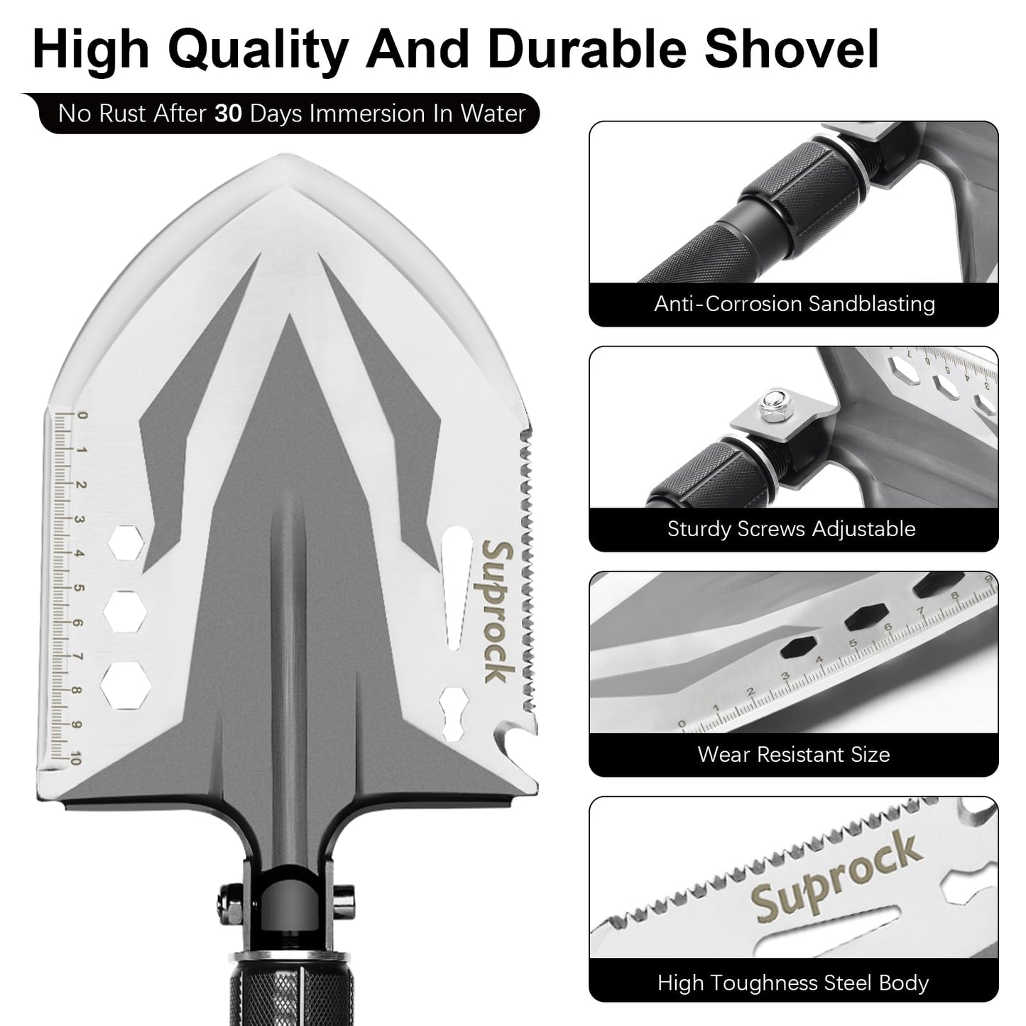SUPROCK Survival Shovel and Camping Shovel, 30-in-1 Tactical Shovel Axe with High Carbon Steel, Folding Entrenching Tool with Pouch for Emergency, Hiking, Outdoor Gear