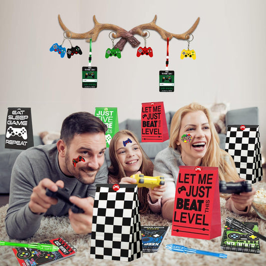 146 Pcs Video Game Party Favors, Gamer Party Favor -Ink Pen Notebook VIP Passes with Lanyards Slap Bracelets Keychains Bags Tattoo Stickers for Kids Gaming Party Favors Game On Birthday Partys Favor