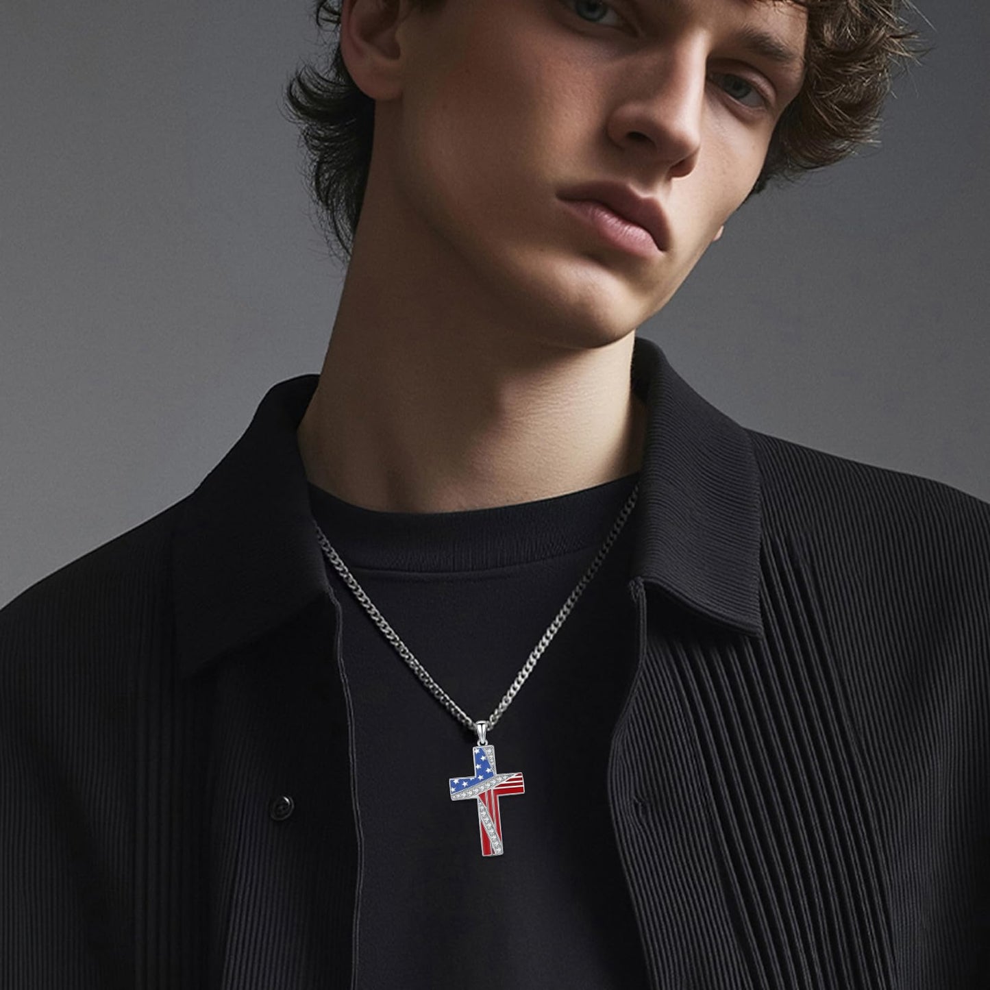 YEESIA American Flag Cross Necklace for Men Women 925 Sterling Silver Patriotic Pendant Necklace Christian Jewelry Gift for Men Women