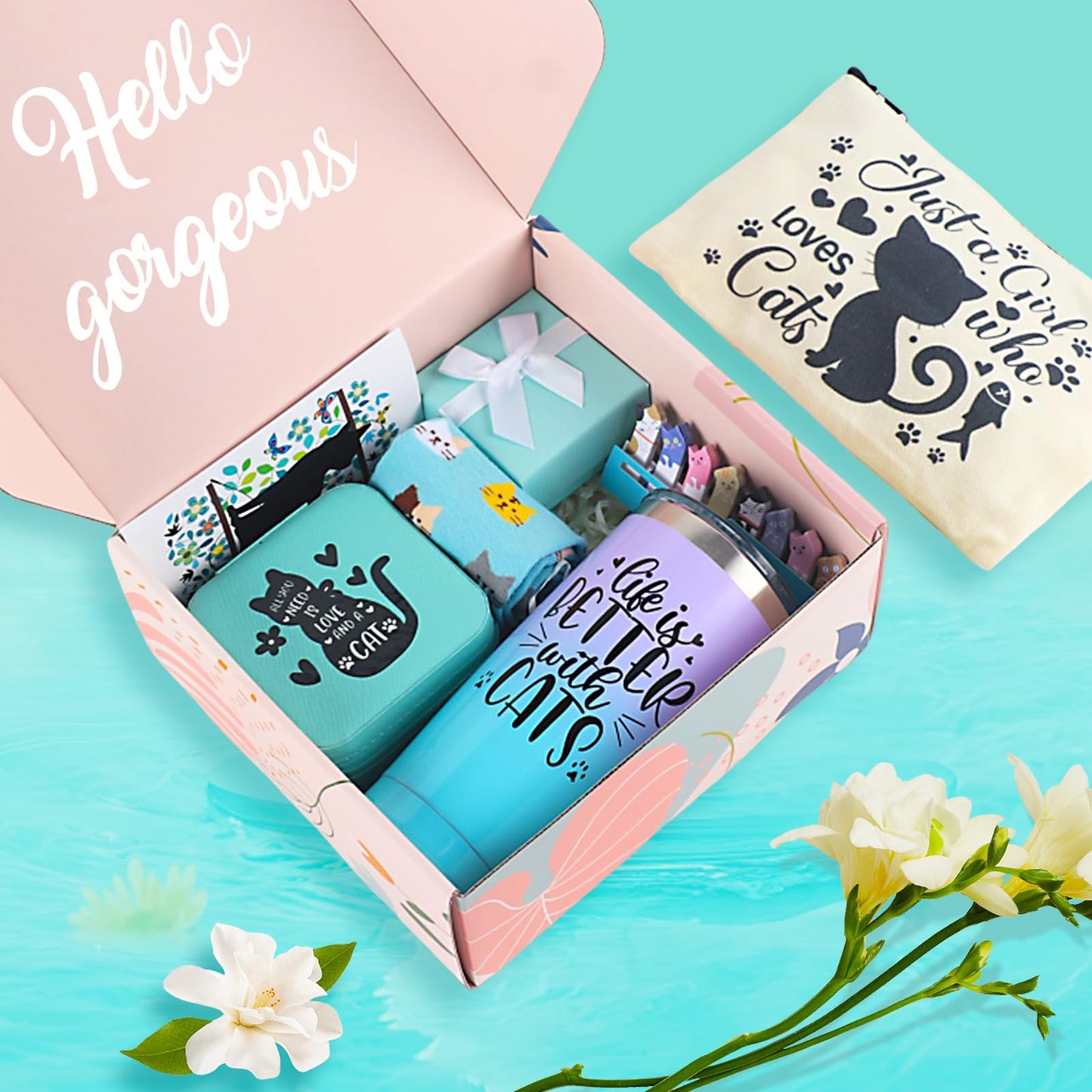 Cefanty Cat Lover Gifts for Women, Mom Gifts Cat Themed Gift Basket Birthday Teacher Appreciation Valentine's Day Mother's Day Cat Lovers With 20 OZ Tumbler