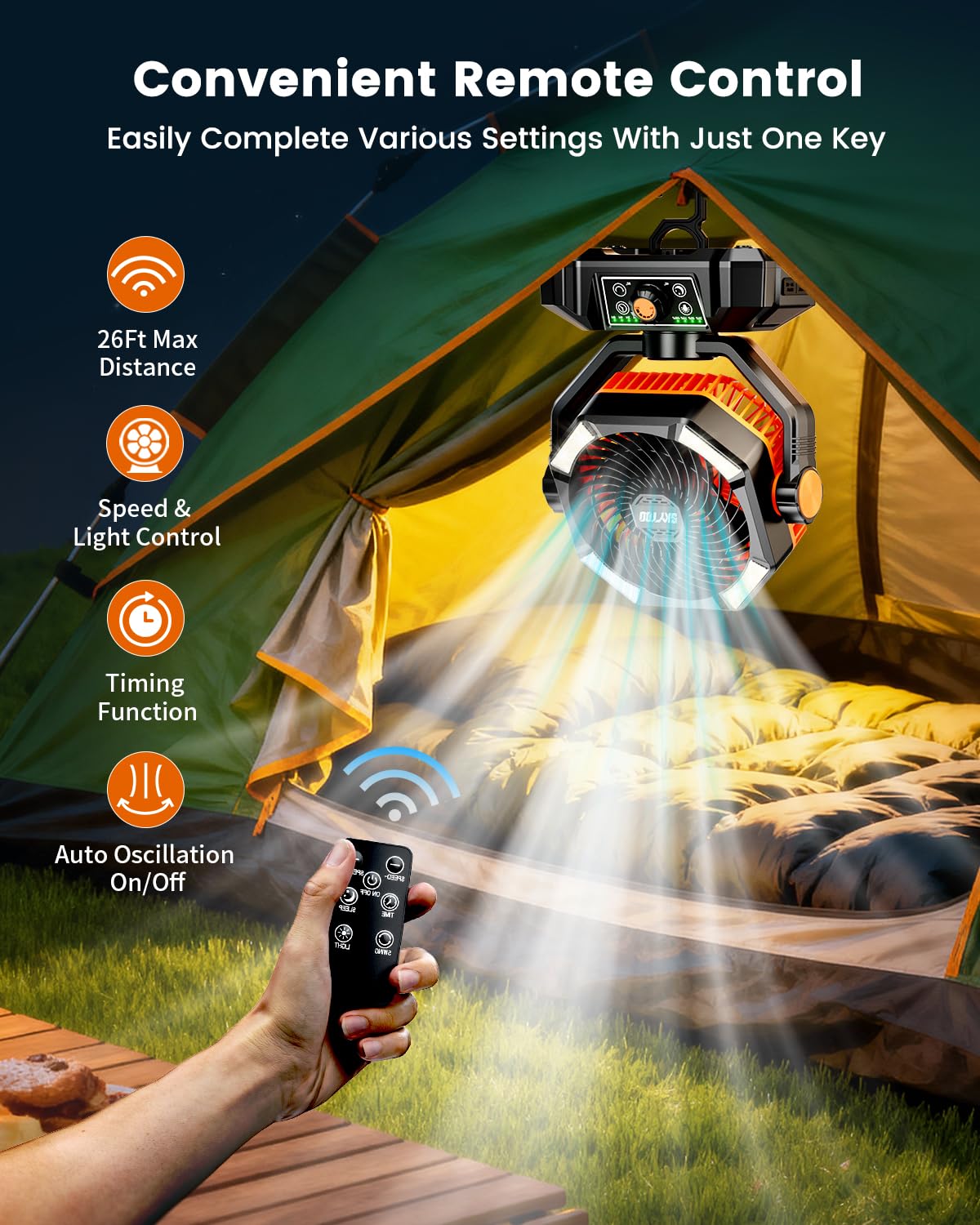 Skytoo Camping Fan, 20000mAh Battery Powered Fan with LED Lantern, Rechargeable Battery Operated Oscillating with Remote Hook, 8 Speeds Outdoor Fans for Teny, Picnic, Fishing, Travel, Jobsite Black