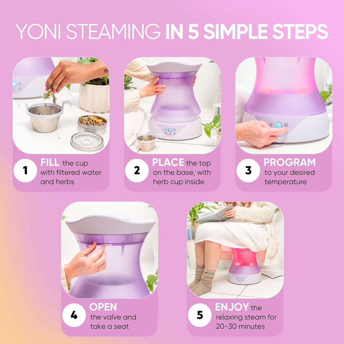 Yoni Steam Seat Set for Feminine Wellness & Self-Care - Vaginal Steamer with SteamSafe Temperature Control & Near Infrared & Red Light Therapy - V Steam at Home Kit with Yoni Herbs for Steaming