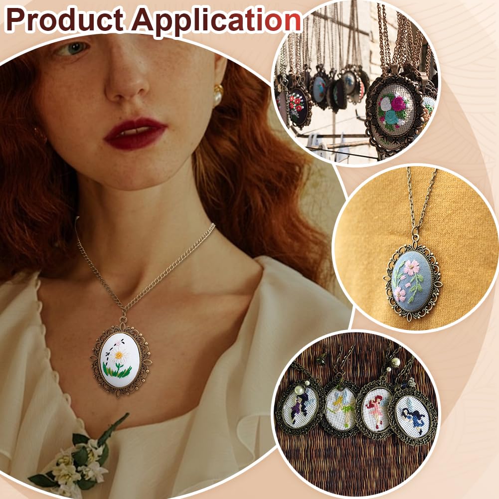 PH PandaHall 10 Sets Embroidery Pendant Kit Embroidery Stitching Necklace Cross Stitch Charms Necklace Bezel Pendant Trays with Cabochons for Beginners DIY Craft Necklaces Earrings Jewelry Making