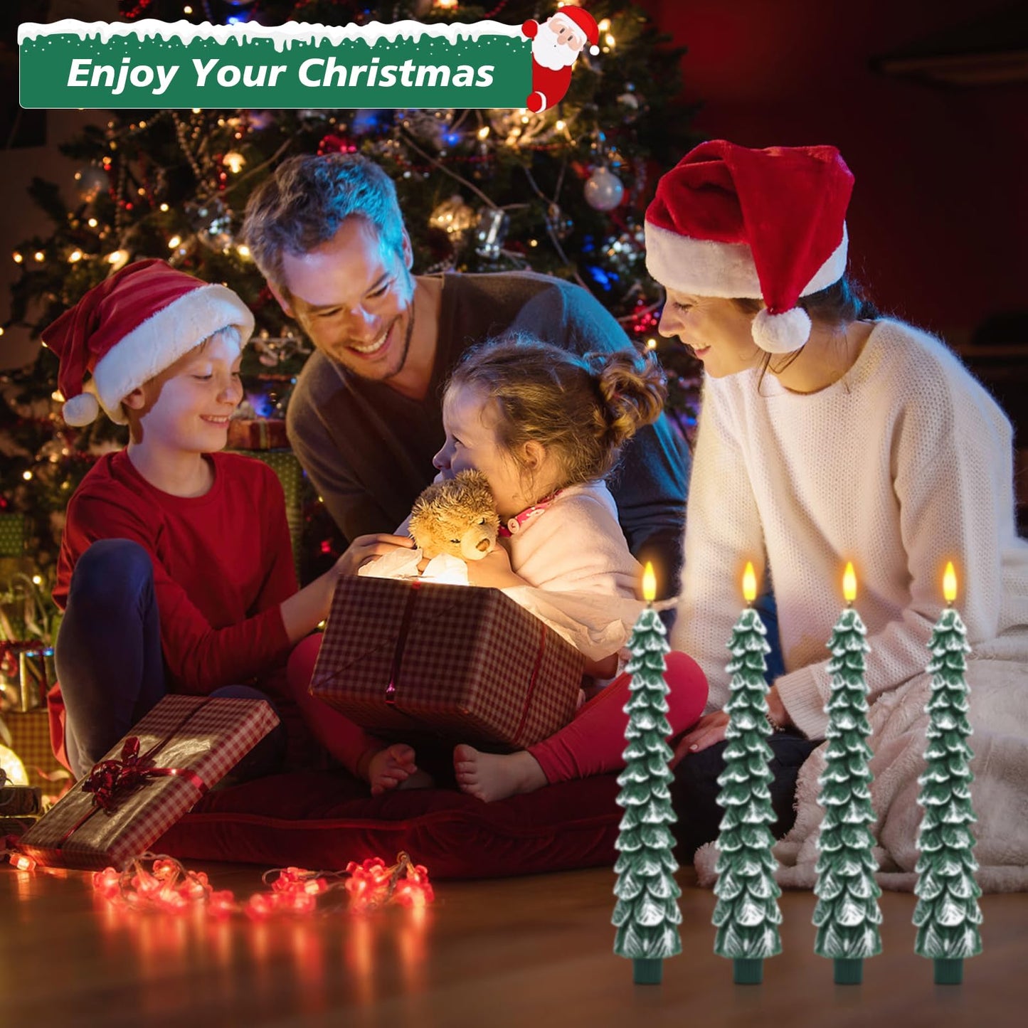 Flameless Candles with Remote – 4 Pack Christmas Tree Candles, Battery Operated Snowy Tree Design, 3D Flickering Flame, Safe Holiday Home Decor for Christmas Decorations & Gifts