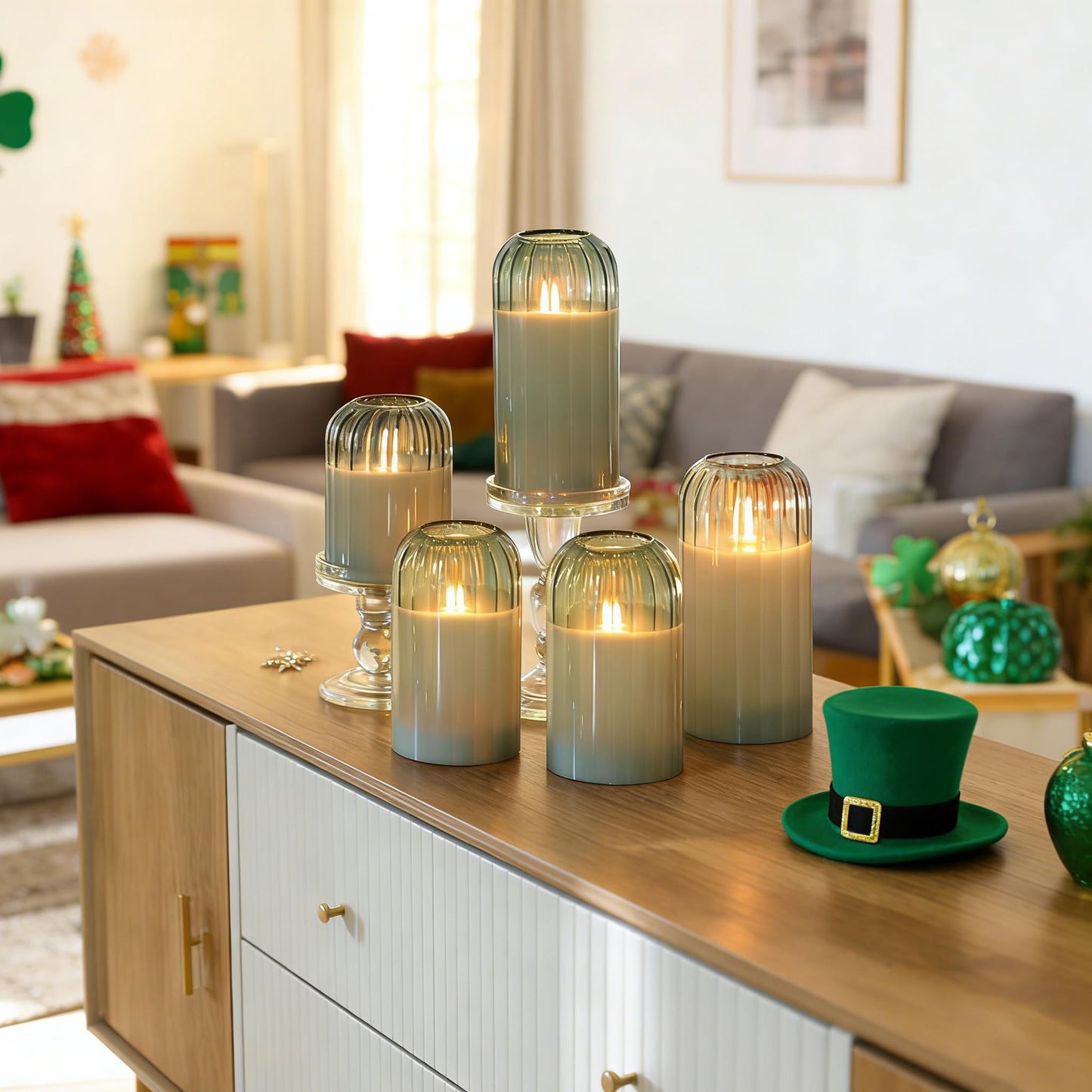 MUMCHASI Green Flameless Battery Operated Candles with Remote, Set of 5 Glass Jar LED Candles with Dancing Flame, Flickering Electric Candlelight for Home Wedding Party Decor H4”5”5”6" 6”"