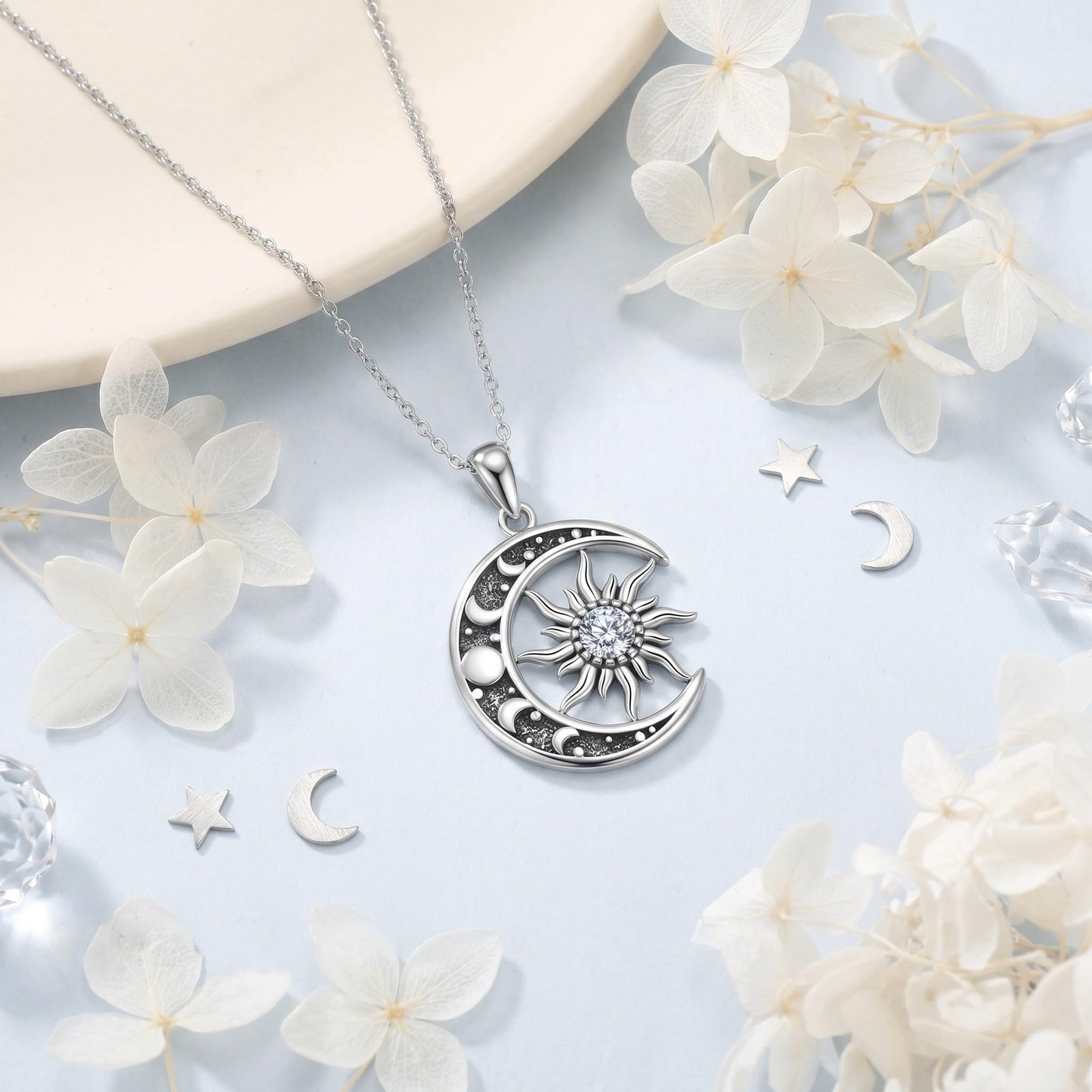 SOACAE Moissanite Sun and Moon Necklace 925 Sterling Silver 0.3ct Lab Created Moissanite Sun Pendant Moon Jewelry Gifts for Women