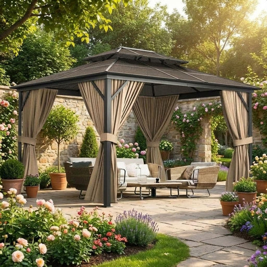 13'X10' Hardtop Gazebo, All-Weather Aluminum Frame Outdoor Canopy with Double Polycarbonate Roof, Permanent Outdoor Gazebo with Netting & Curtains for Garden, Lawns, Patio, Khaki.