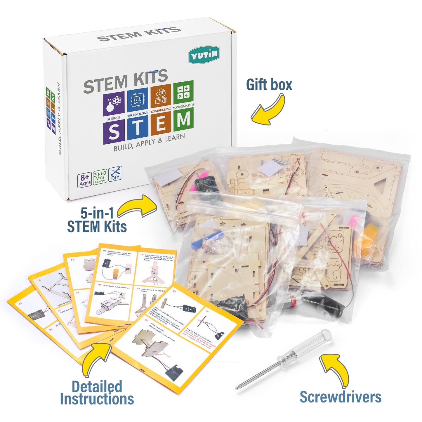 Yutin 5 Individual STEM Science Kits for Kids, Wood Arts and Craft Kits, STEM Toys for Boys Girls Age 8-12 8 10 12 13 14 Birthday Gift Idea, 3D Puzzles Building Engineering Model Set