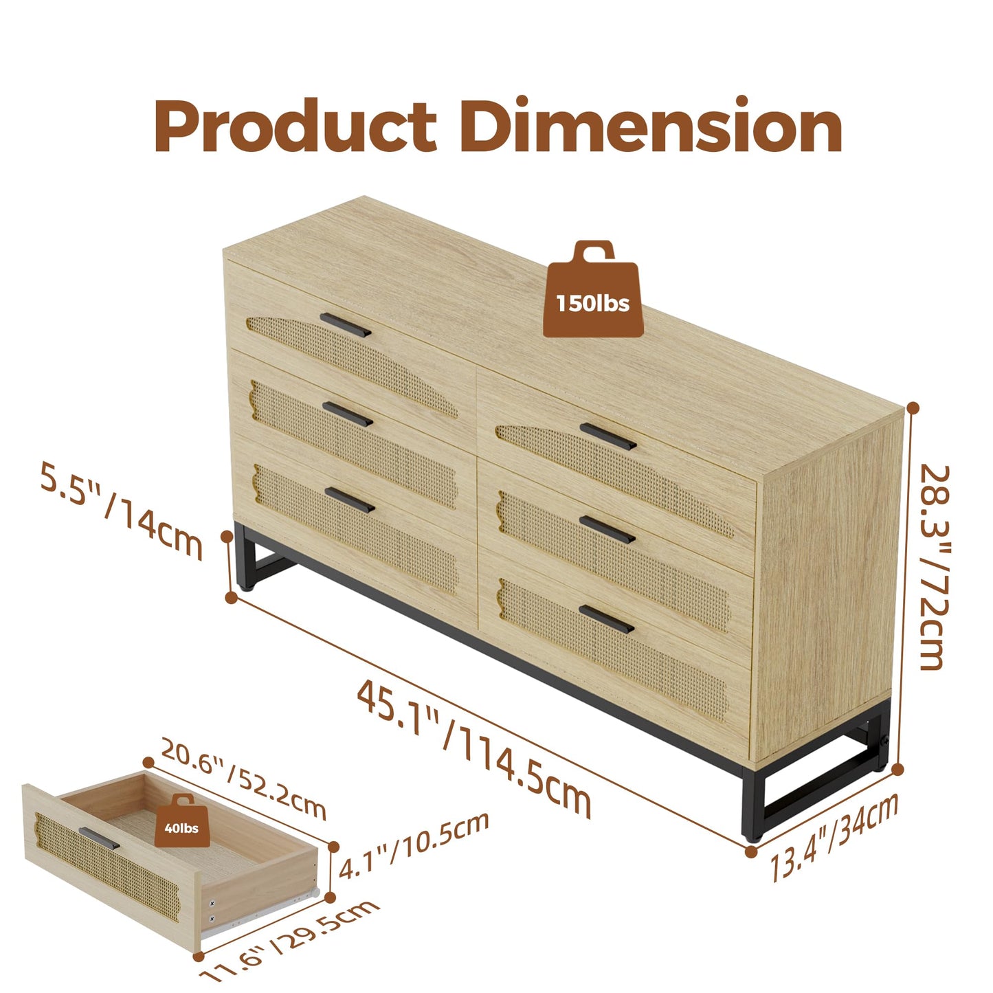 Mericonia 6 Drawer Double Dresser for Bedroom, Rattan Chest of Drawers, Modern Wooden Dresser Chest with Metal Frame for Bedroom, Living Room, Hallway and Entryway, Oak
