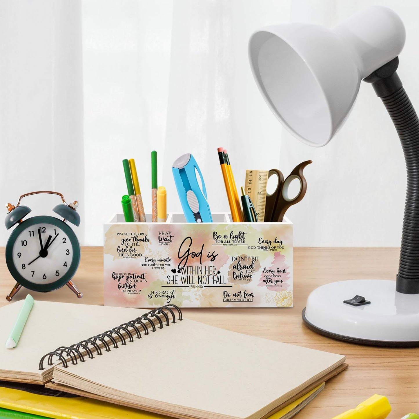 nvucamd Religious Bible Gifts Pen Holder for Desk Women, Christian Religious Office Desk Accessories, Christian Inspirational Pencil Holders Organizer for Classroom,God Is Within Her She Will Not Fall