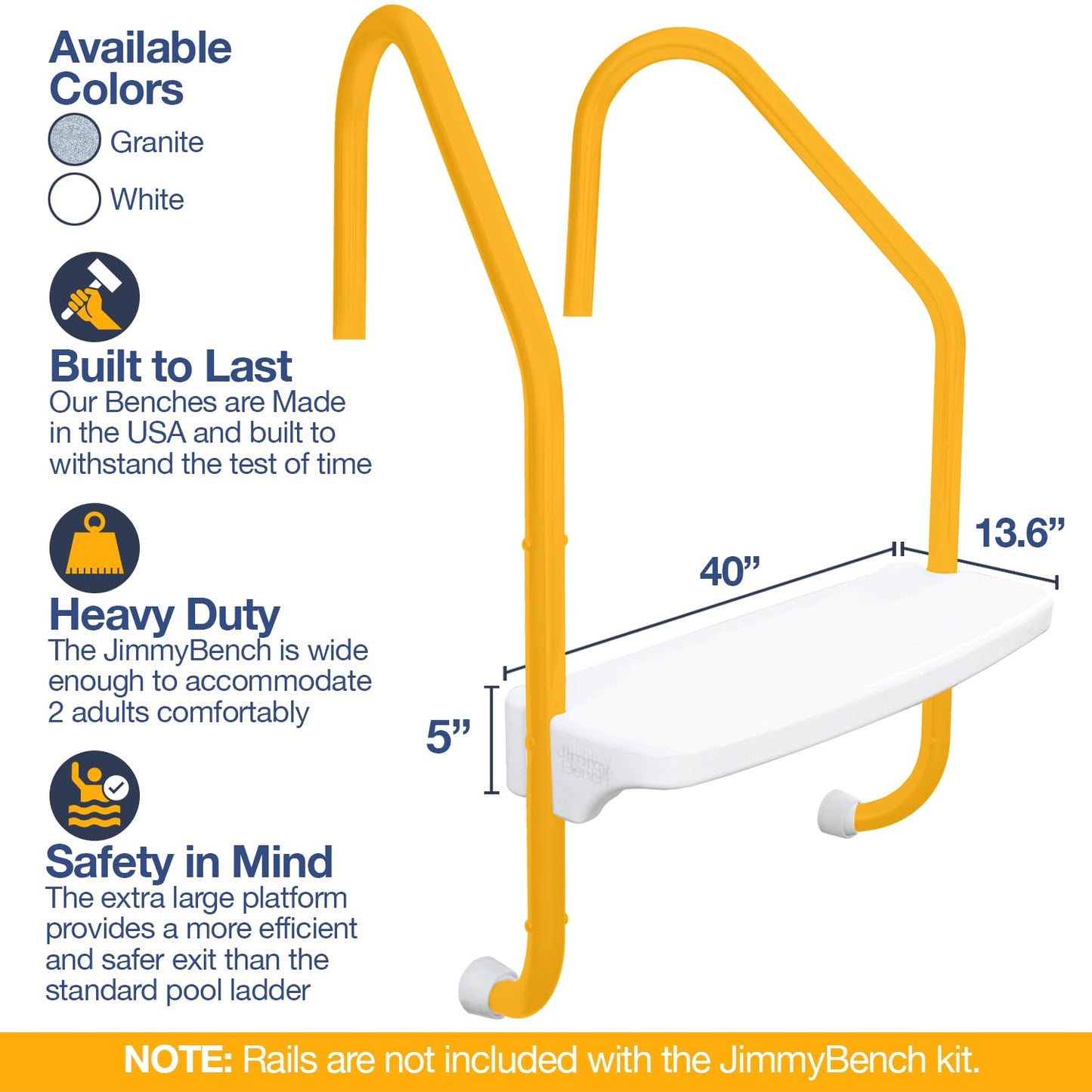 The Jimmy Bench for Inground Pool Ladders (Rails NOT Included/Bench & Hardware Only) - Convert Your Pool Ladder Steps into a Swim-up Bench | Great for Kids, Adults & Pets | Made in USA | White