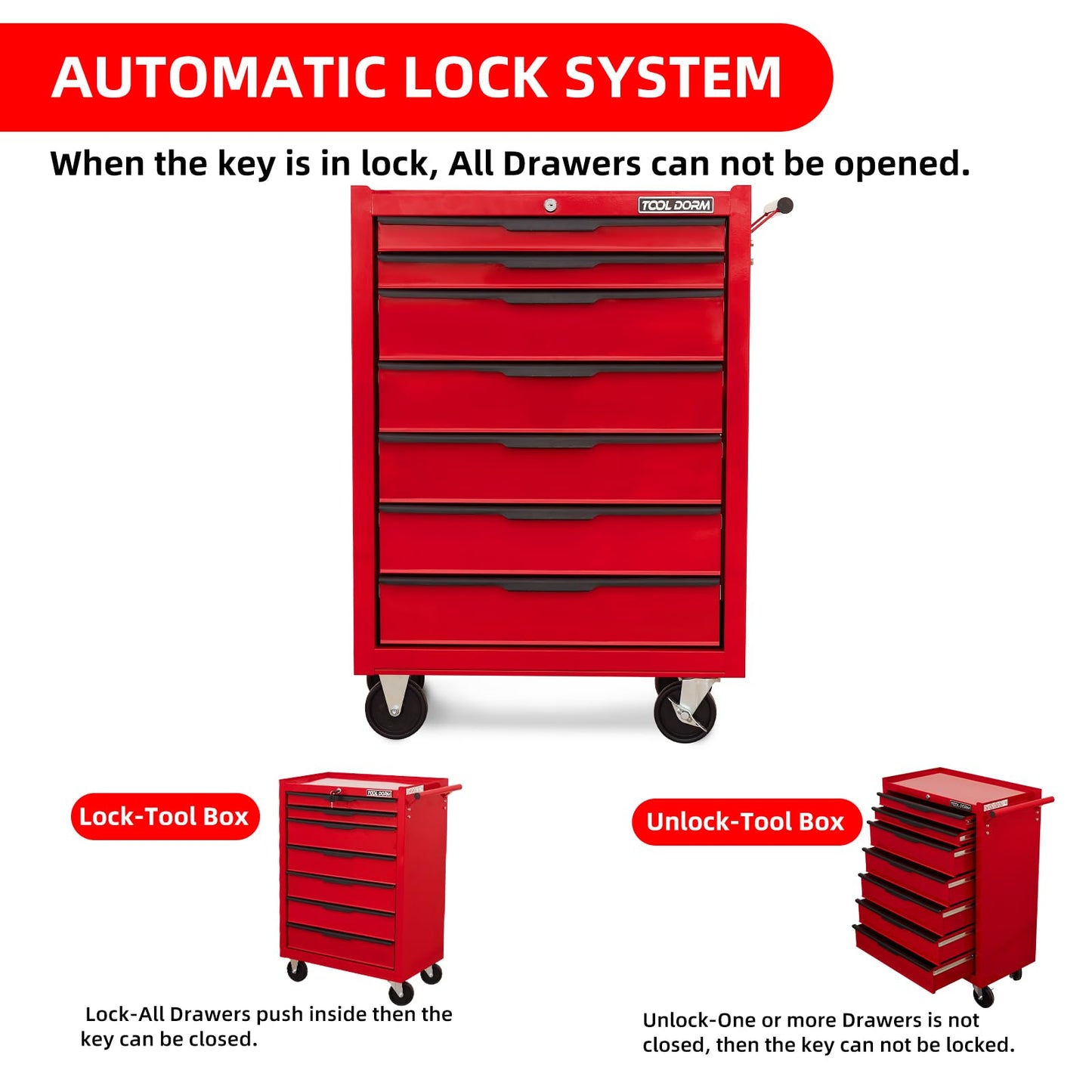 7-Drawer Rolling Tool Chest Cabinet, Large Capacity Metal Tool Box with Wheels and Keyed Locking, Roll Around Storage Organizer Tool Cart for Garage, Warehouse, Work Shop - Red