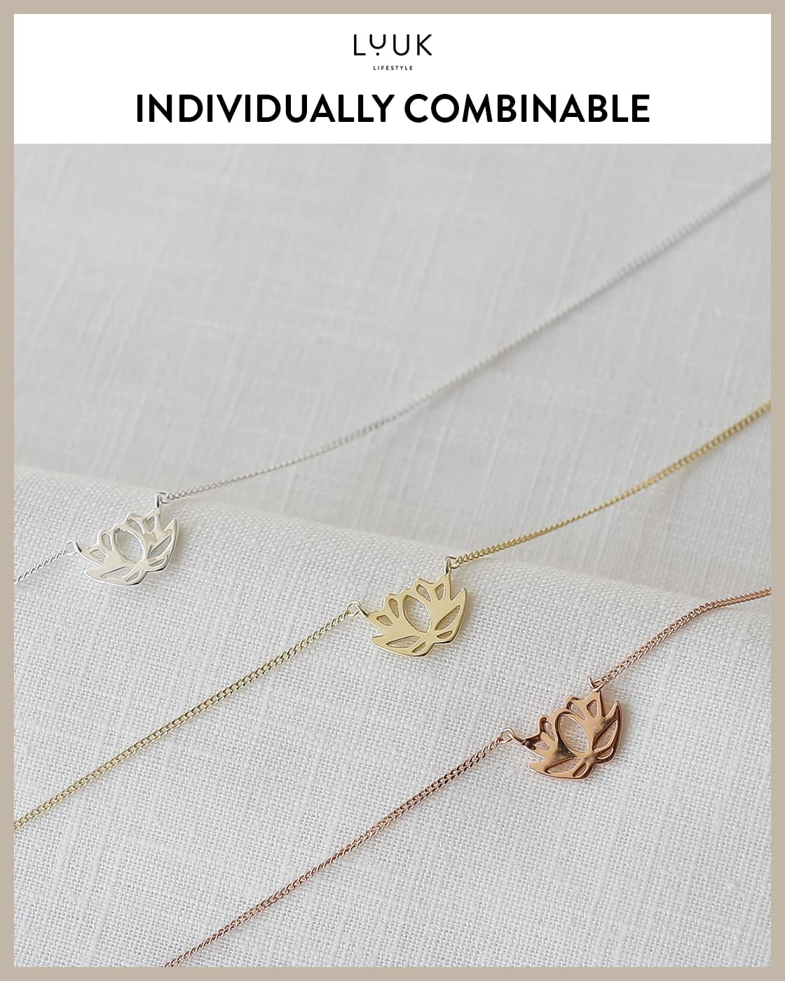 LUUK LIFESTYLE 925 sterling silver necklace with lotus flower pendant, HAPPINESS gift card, Asian zen jewelry for her, gift idea for friend, fiancée, birthday, adjustable chain length, gold