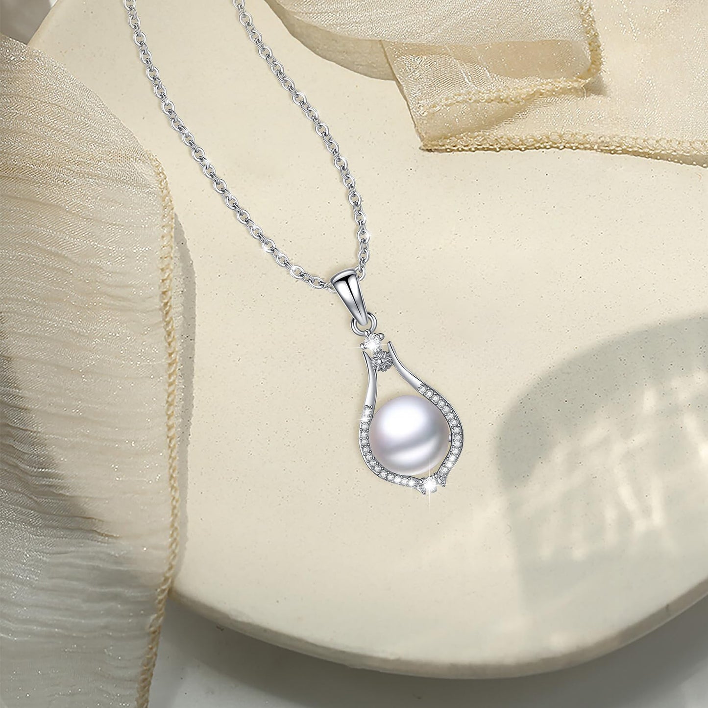 12 mm Sunflower Pearl Necklace 925 Sterling Silver Jewelry 5A Cubic Zirconia Pendant Necklace Gifts for Mom Women Girlfriend Grandma Lover Her Wedding Birthday Anniversary Engagement Valentine's Day