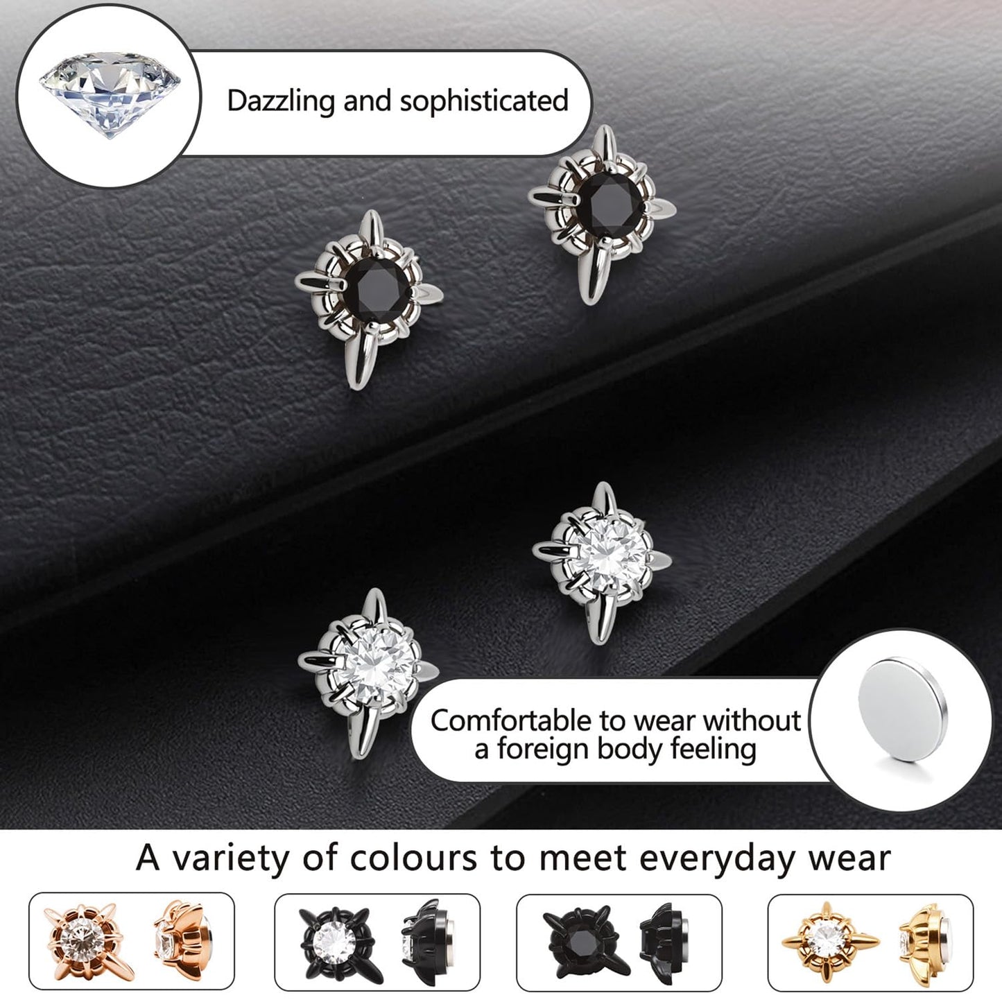 6 Pairs Magnetic Stud Earrings for Men 6MM Stainless Steel Clip on Magnet Earring Inlaid Cubic Zirconia,Non Piercing CZ Magnet Studs Diamond Earrings for Women Men