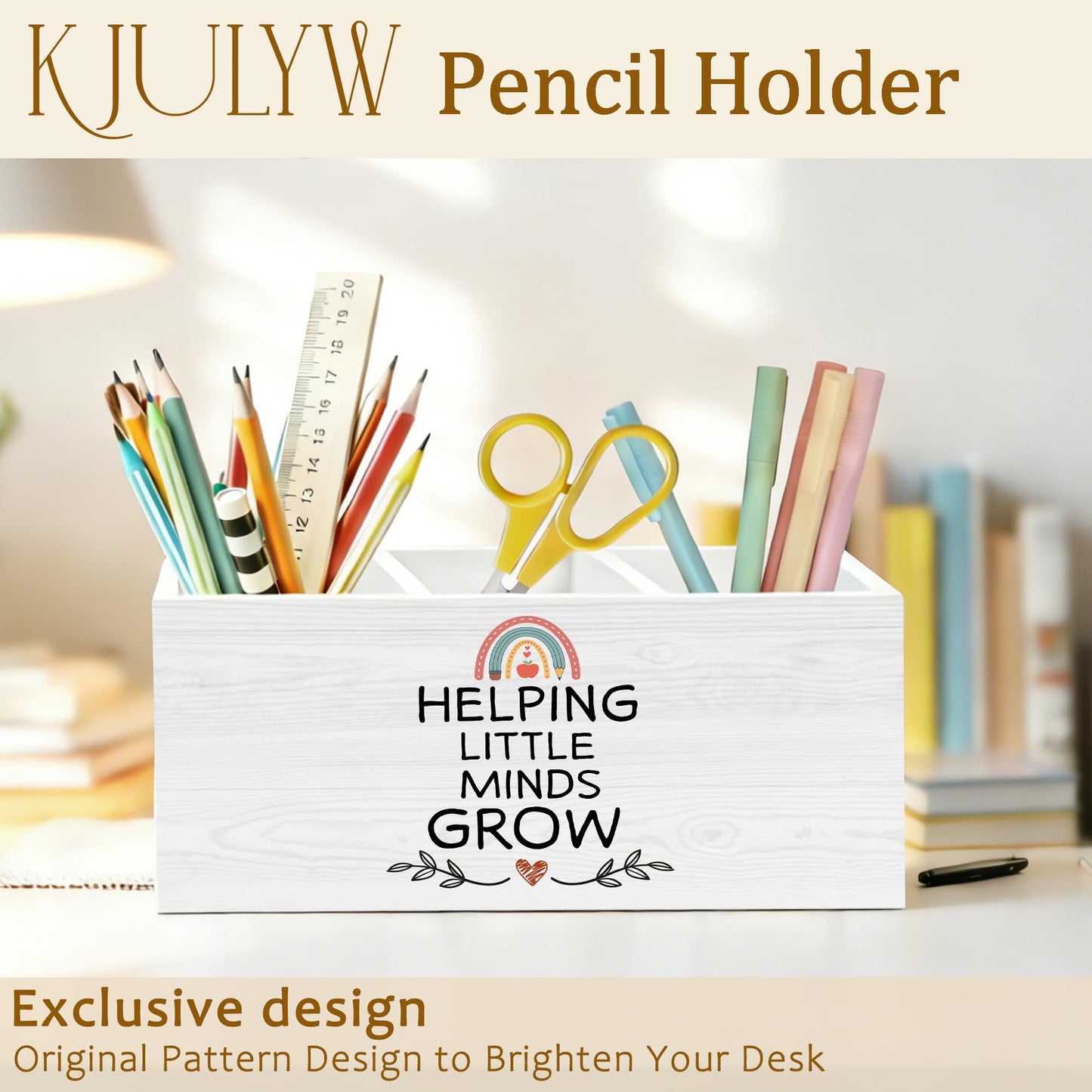 KJULYW Teacher Appreciation Gifts Pen Holder for Desk, Kindergarten Teacher Gifts for Women Coworker Wooden Box Pencil Pen Holder Organizer for Home Office Desk Accessories