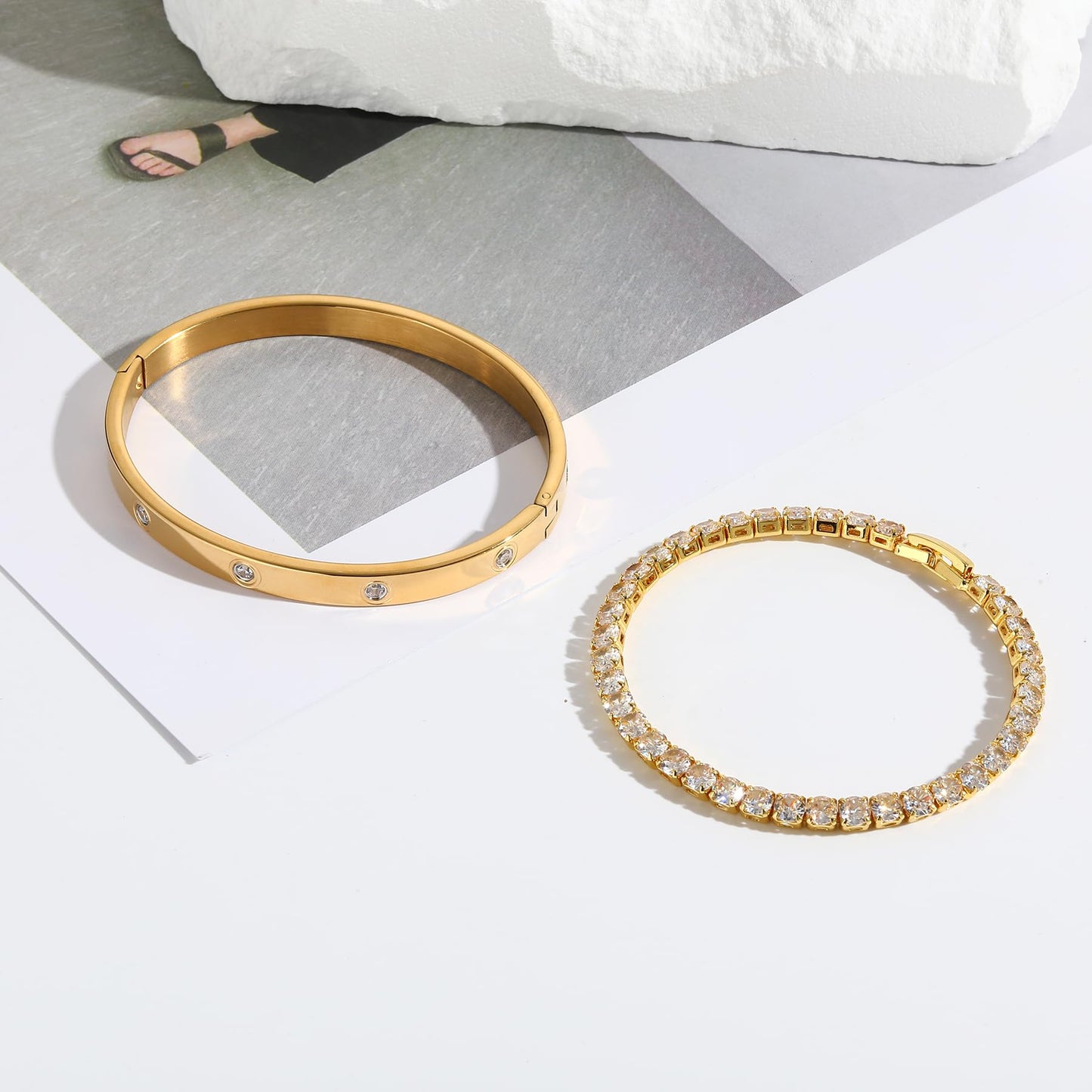 Jade cabbage Gold Bracelets for Women 18K Gold Plated Love Friendship Bracelet With Cubic Zirconia Cuff Bangle Jewelry Set Witness the Gift of Love (6mm gold 2pcs-B Medium 6.5")