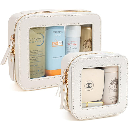 KOTORA Clear Makeup Bag Organizer Set,Portable Travel Toiletry Case for Women, Vegan Leather Cosmetic Pouch Car Bag for Essentials Car Accessories for Women Girls(White)