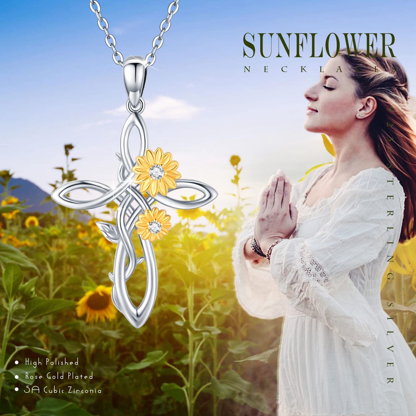 Silikepa Sunflower Necklace for Women 925 Sterling Silver Sunflower Cross Pendant Necklace You Are My Sunshine Pendant Jewelry Gift for Women