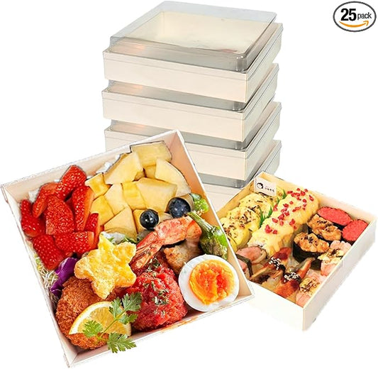 Disposable Bento Boxes with Lids, Wooden Bowls for Lunch/Snack Box, Oil/Seepage-proof Poplar Catering Tray w/Wax Paper & Gloves, 25 PCS Microwave/Freezer Safe Take-out Bento Box for Hot/Cold