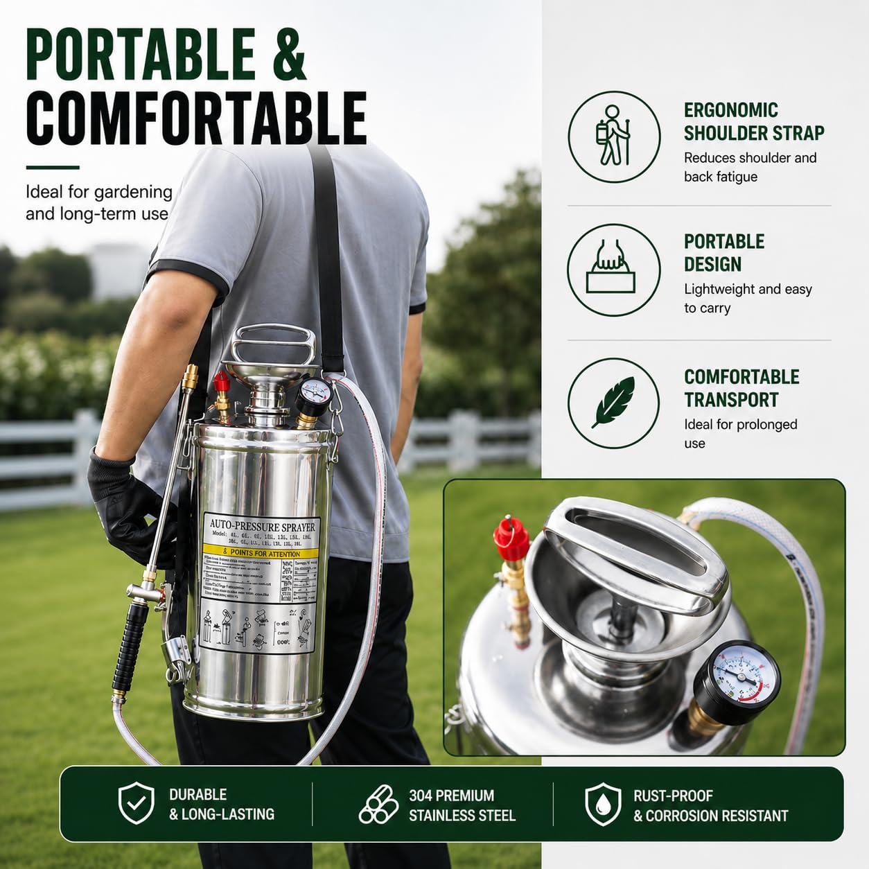 Kweetle 1.5Gal Stainless Steel Pump Up Sprayer Reinforced Hose, Hand Pump Sprayer with Pressure Gauge&Safety Valve, Adjustable Nozzle Suitable for Gardening (1.5 Gallon)