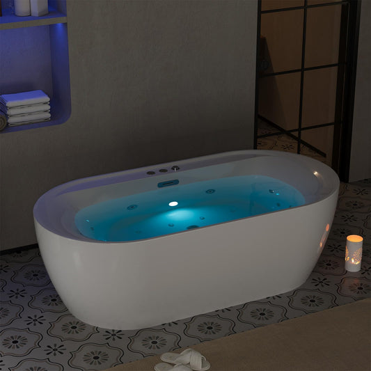 71 Inch Freestanding Acrylic Bathtub Soaking Tub with Adjustable Jets for Tub, Deep Ergonomic Bathtub, Water Jetted Air Bubble and Heated Combination Tub Bathtubs, CUPC Certified, Matte Drain, Gloss