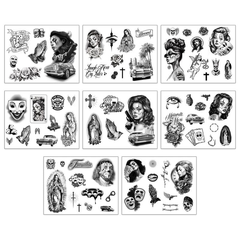Los Vatos Chicano Bundle - Cholo and Chola Temporary Tattoos For Men Women, Payasa, Lowrider, Virgin Mary, Prayer, Cross, Chicana, Gangster, Fake Tattoo, Día de Muertos, Tatuajes Temporales
